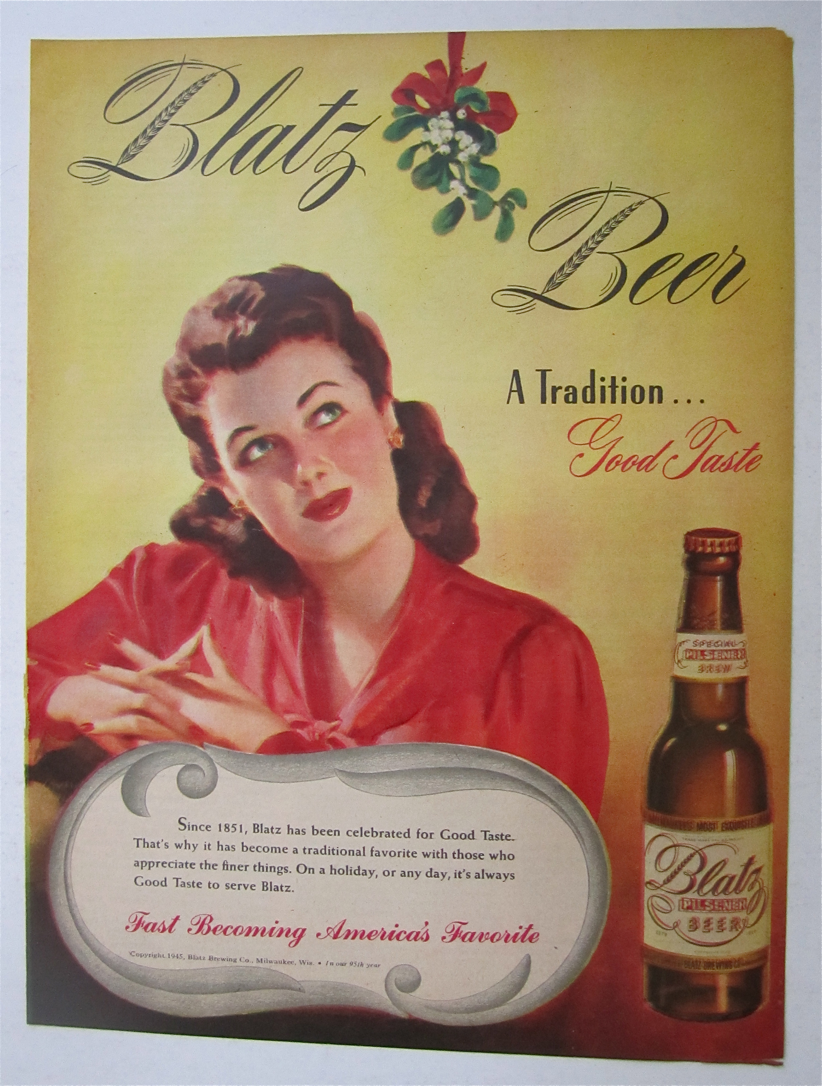 1945 Blatz Beer with Woman Looking at Mistletoe