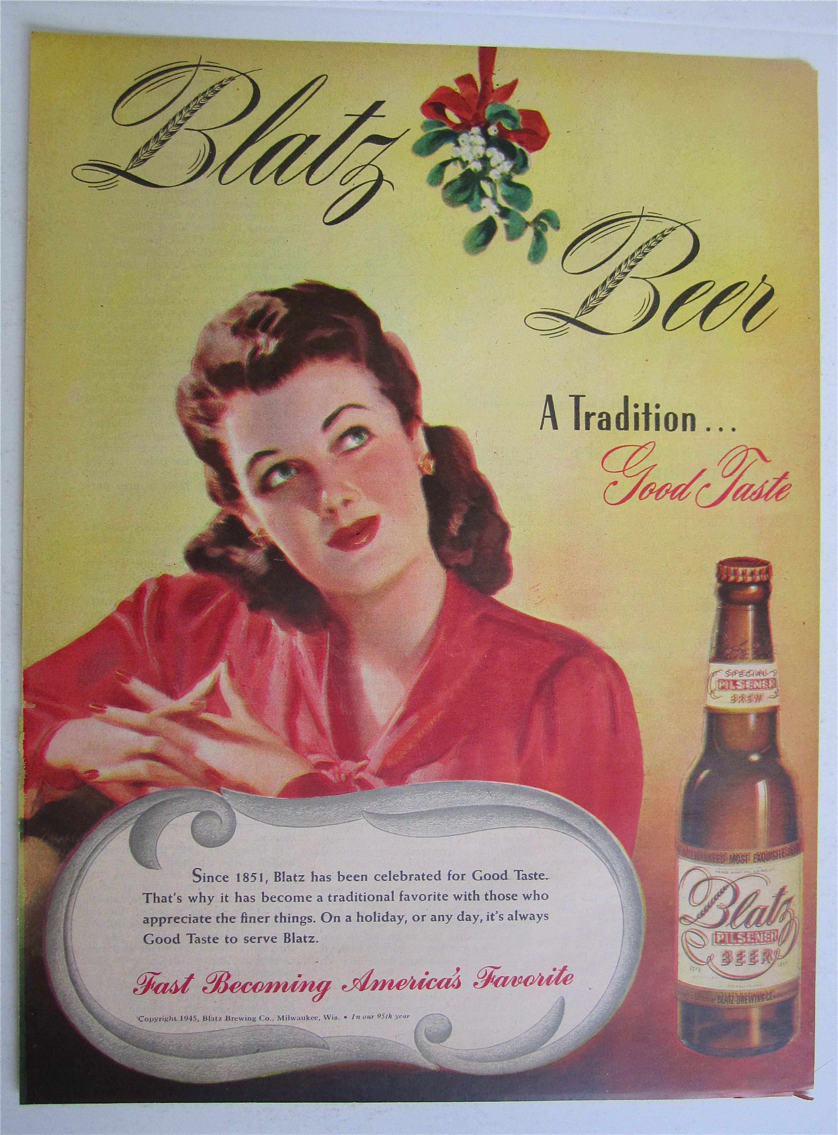 1945 Blatz Beer with Woman Looking at Mistletoe