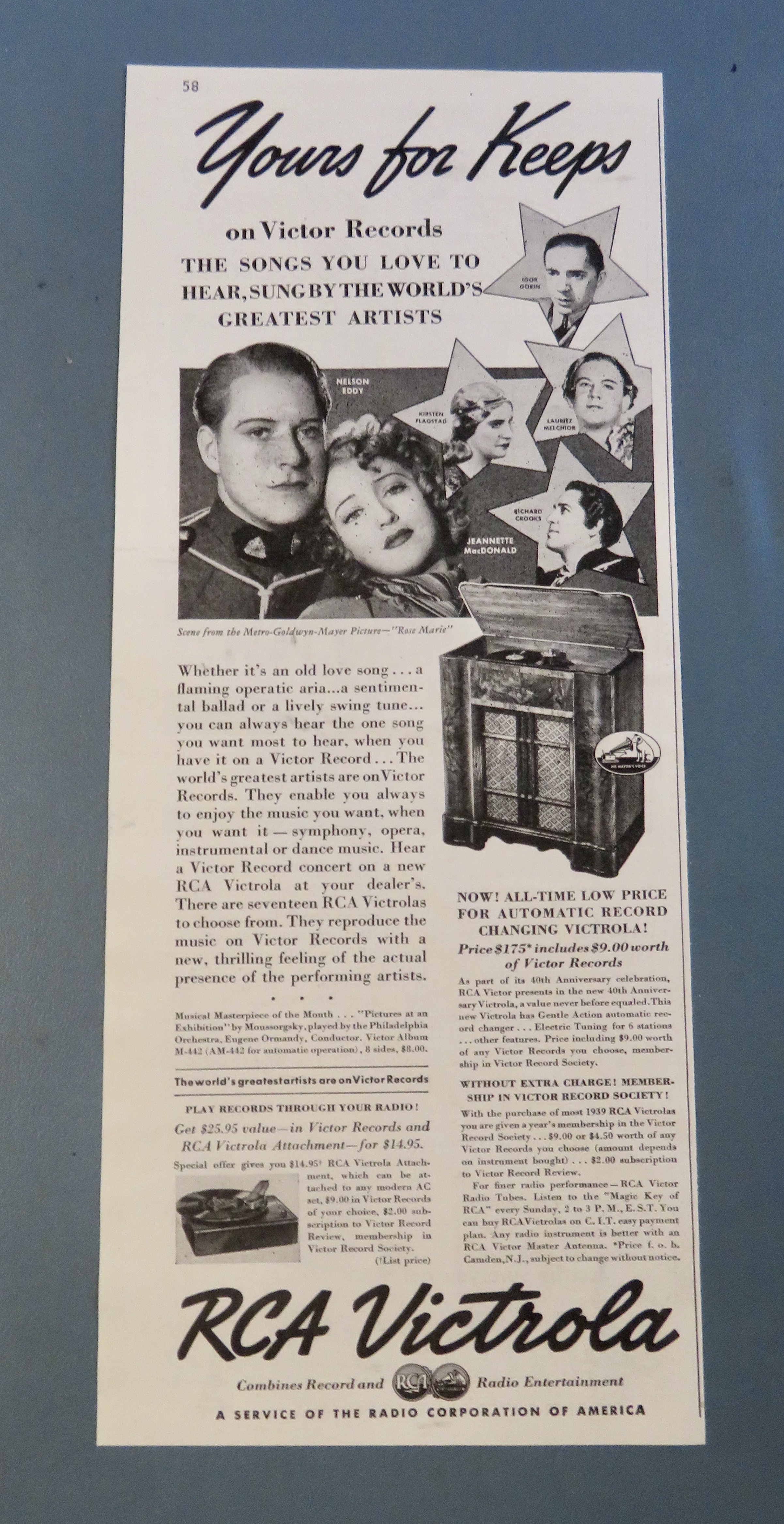 1938 RCA Victrola w/Nelson Eddy & Jeannette MacDonald