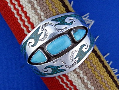 Navajo Sterling Silver Turquoise nd Chip  Inlay Cuff S.