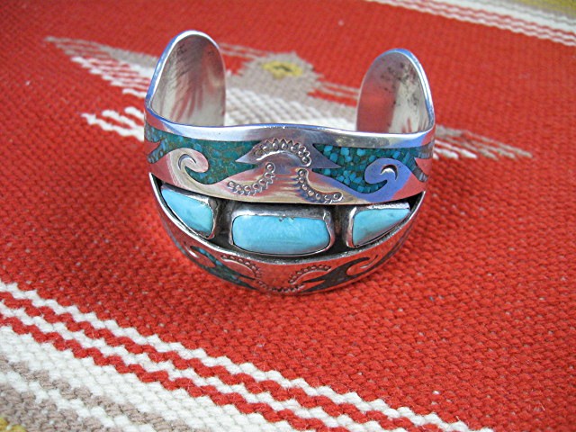 Navajo Sterling Silver Turquoise nd Chip  Inlay Cuff S.
