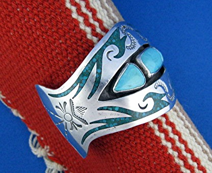 Navajo Sterling Silver Turquoise nd Chip  Inlay Cuff S.