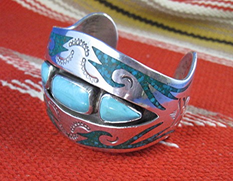 Navajo Sterling Silver Turquoise nd Chip  Inlay Cuff S.