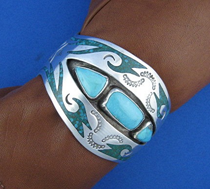 Navajo Sterling Silver Turquoise nd Chip  Inlay Cuff S.