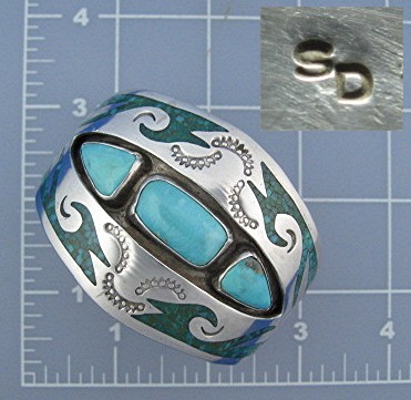Navajo Sterling Silver Turquoise nd Chip  Inlay Cuff S.