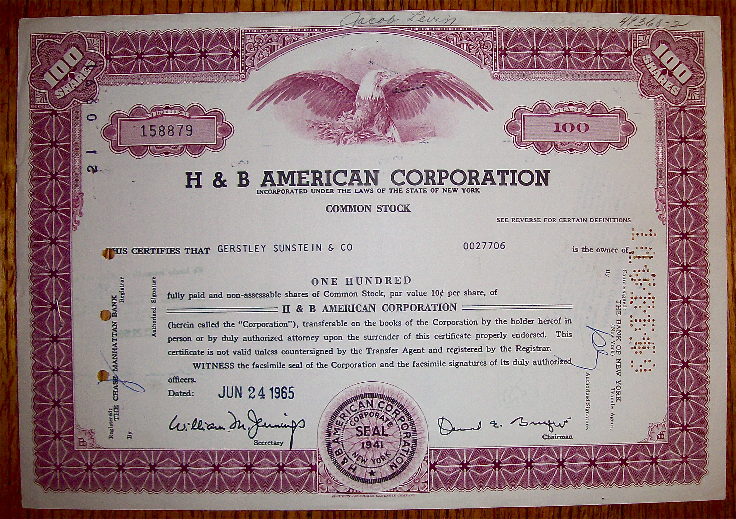 1965 H & B American Corp 100 Shares Stock