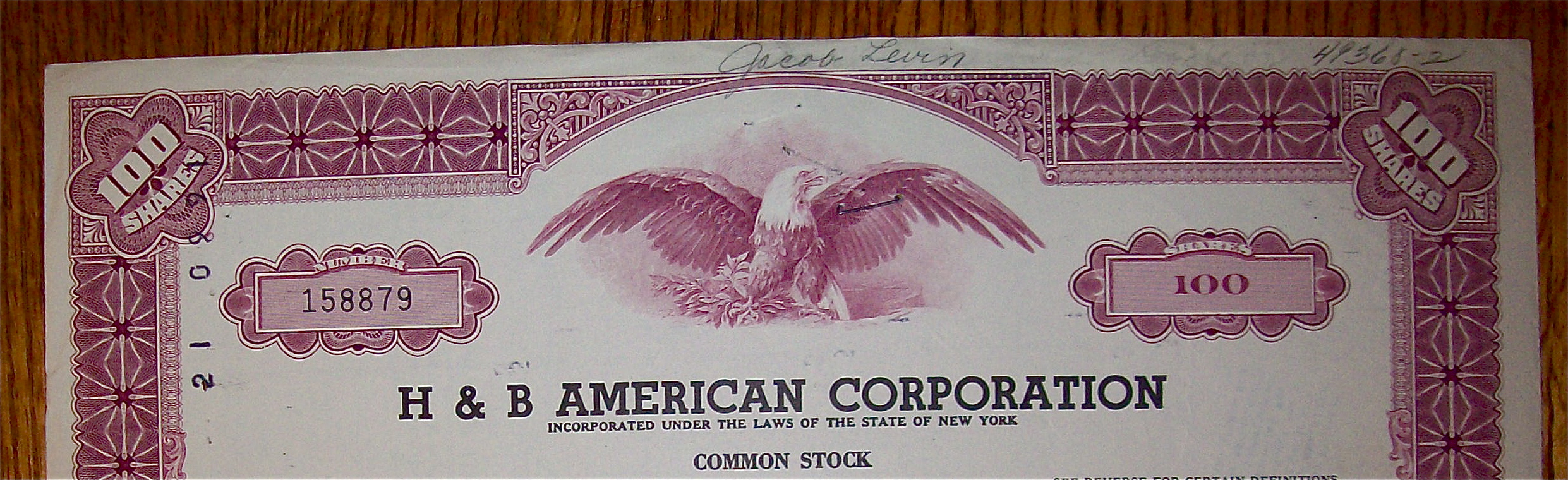 1965 H & B American Corp 100 Shares Stock