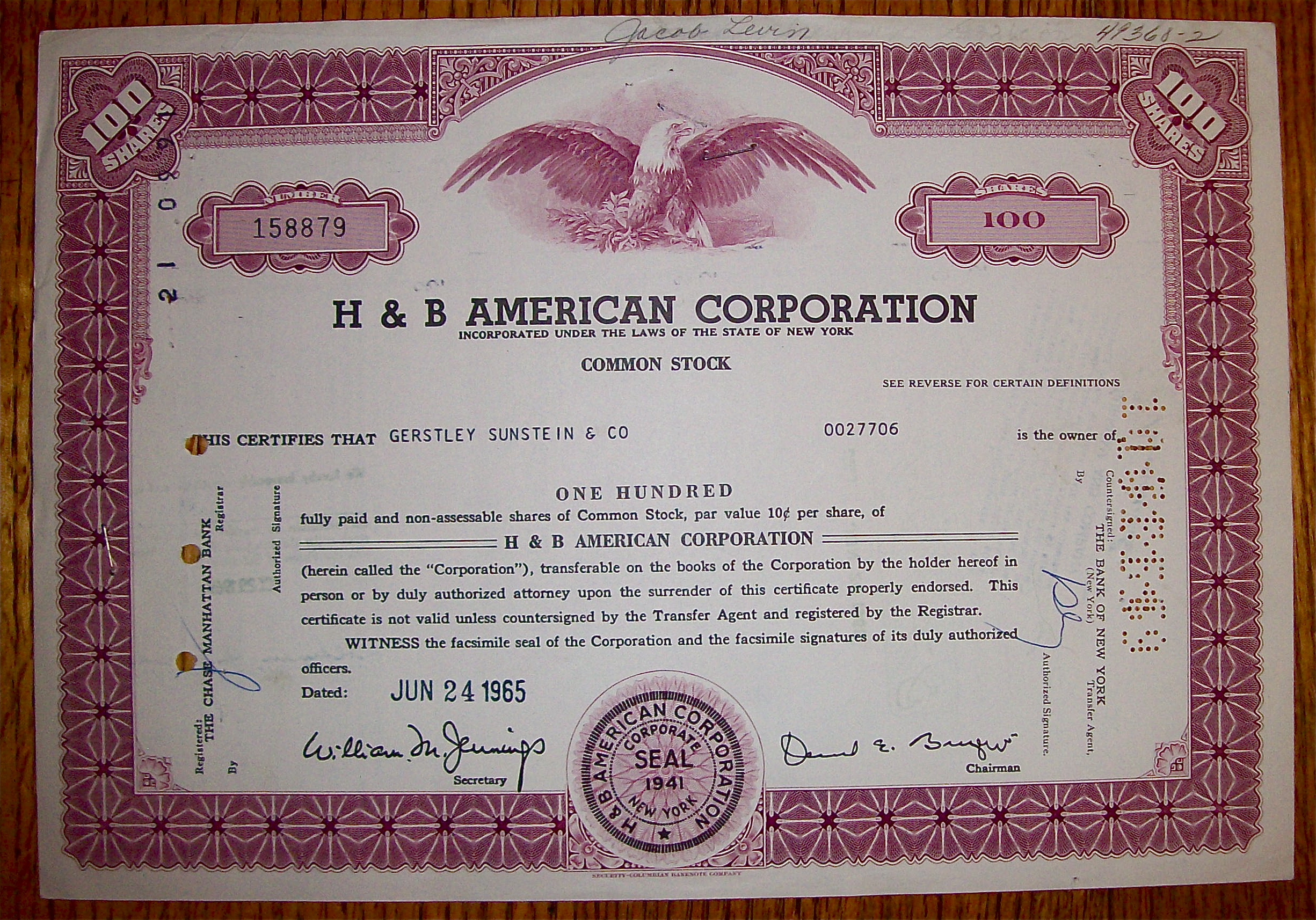 1965 H & B American Corp 100 Shares Stock