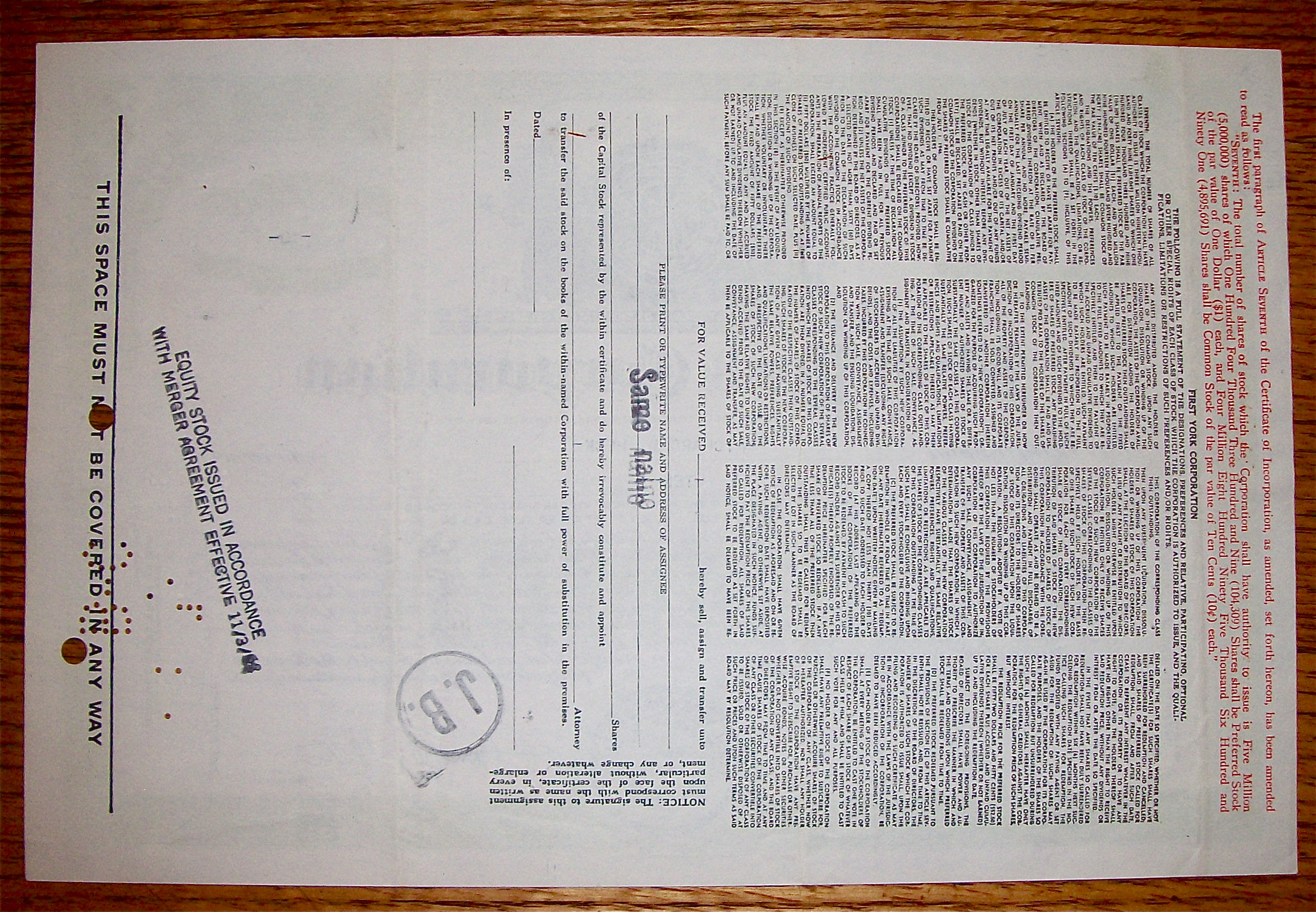 1947 First York Corporation Stock Certificate