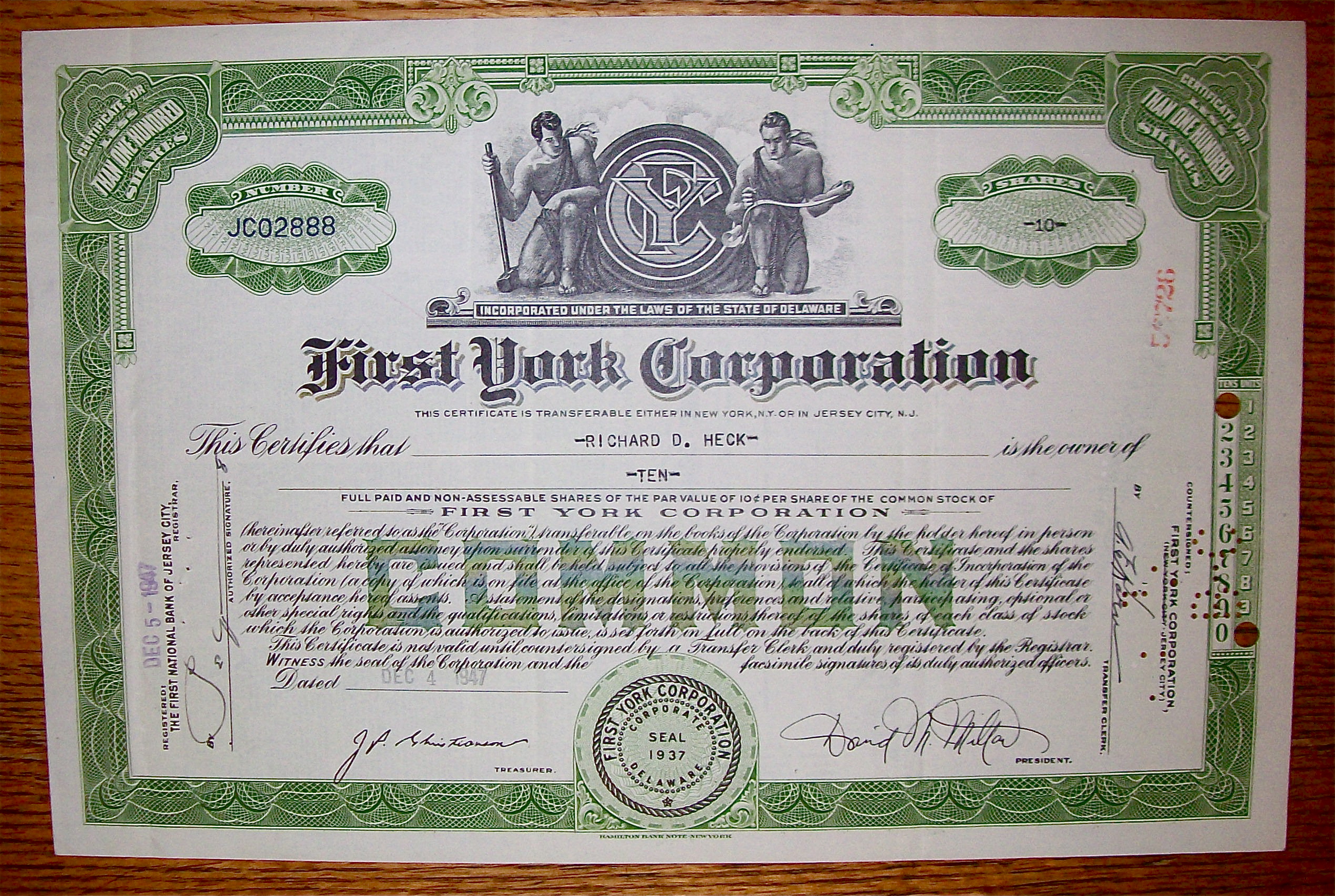 1947 First York Corporation Stock Certificate