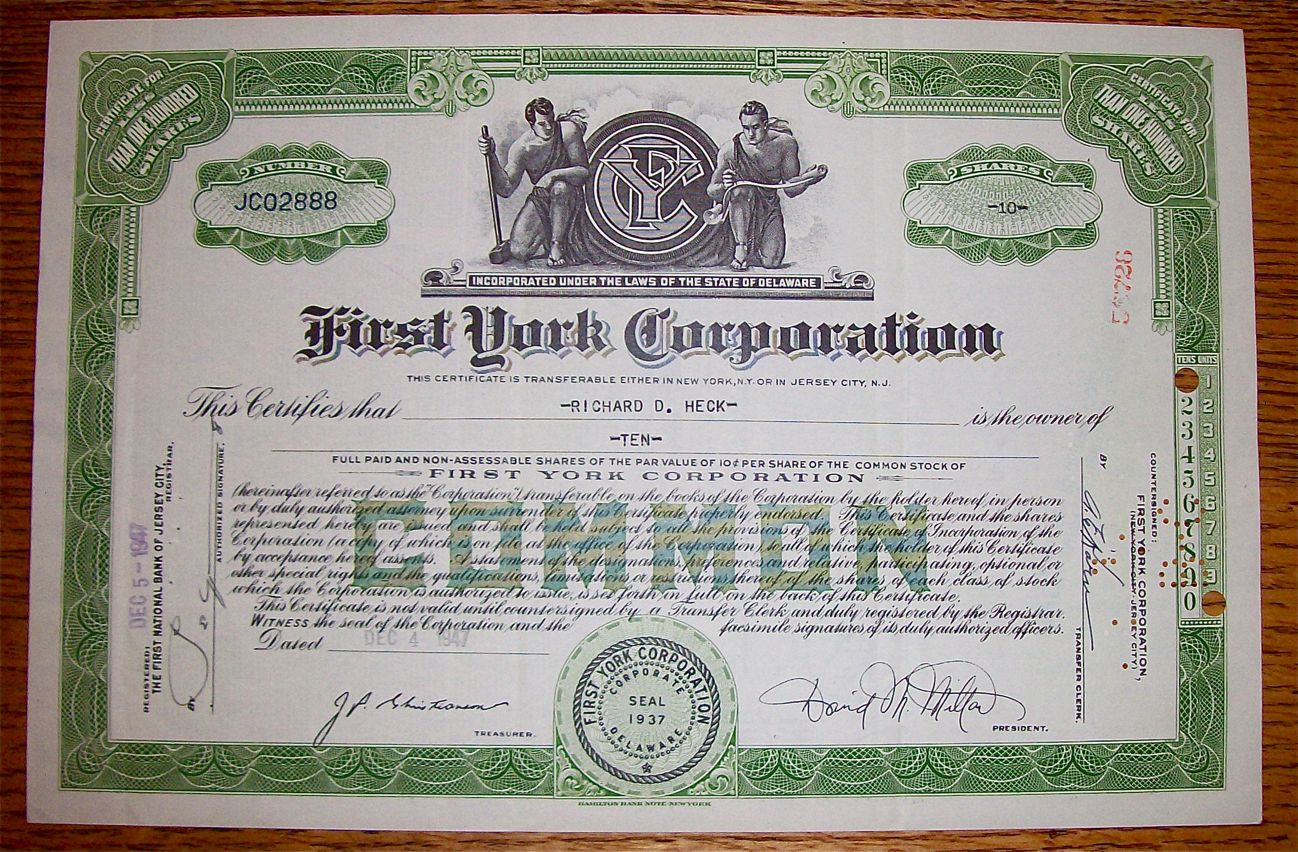 1947 First York Corporation Stock Certificate