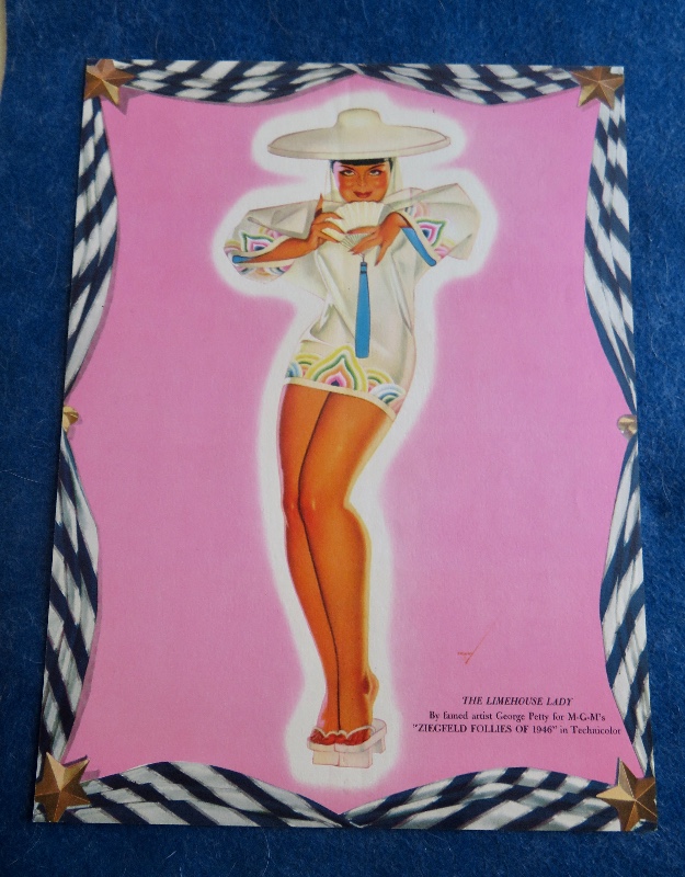 Original 1940's The Limehouse Lady Pin Up Girl Wearing A White Shirt & Sombrero Holding A Hand Fan By George Petty