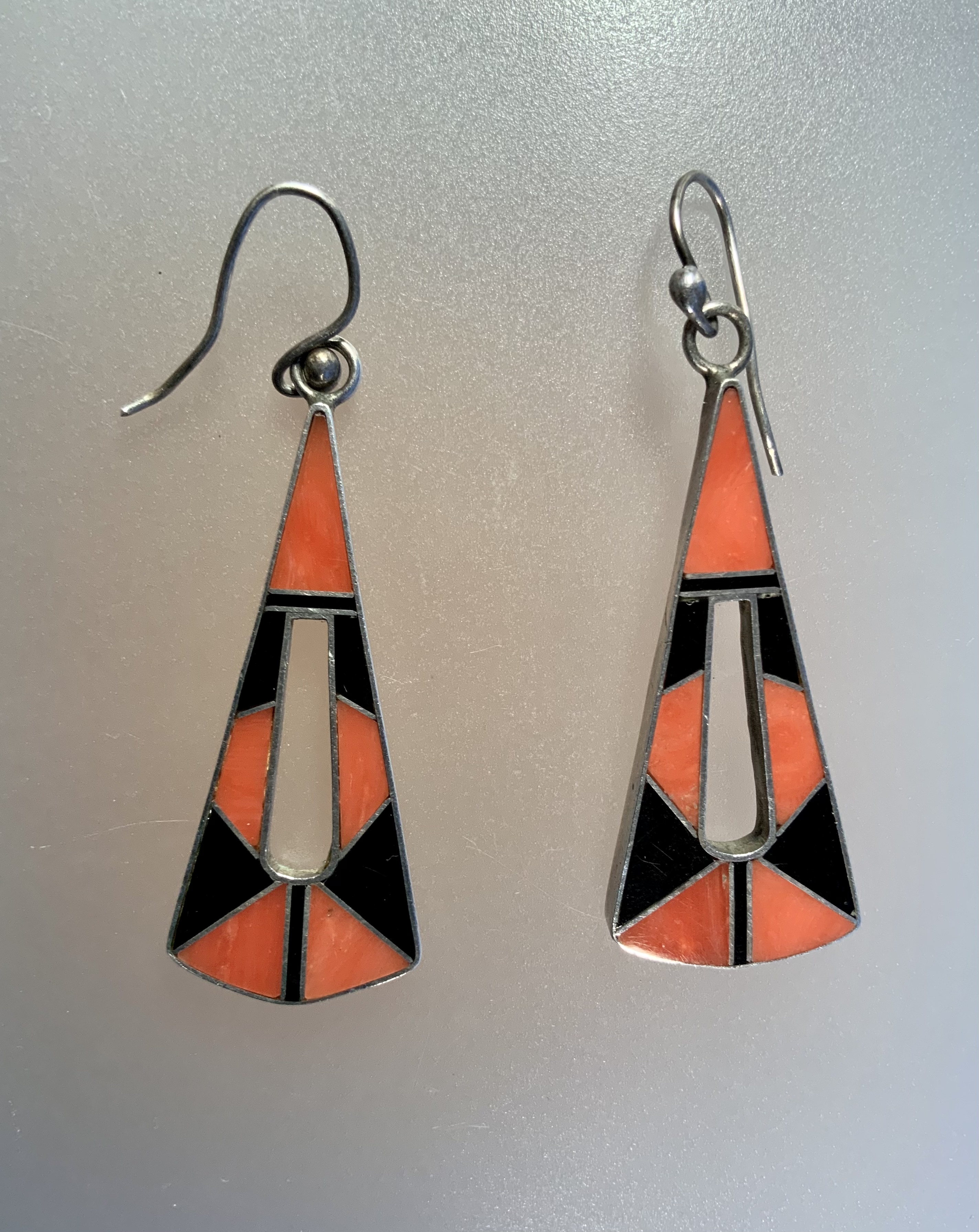 Coral Onyx inlays Sterling Silver Loop Earrings