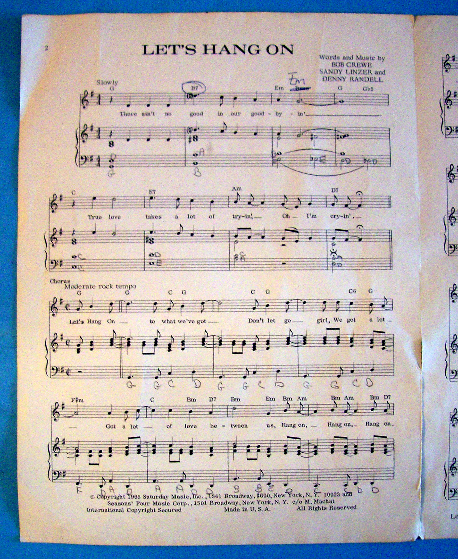 Sheet Music For 1965 Let's Hang On