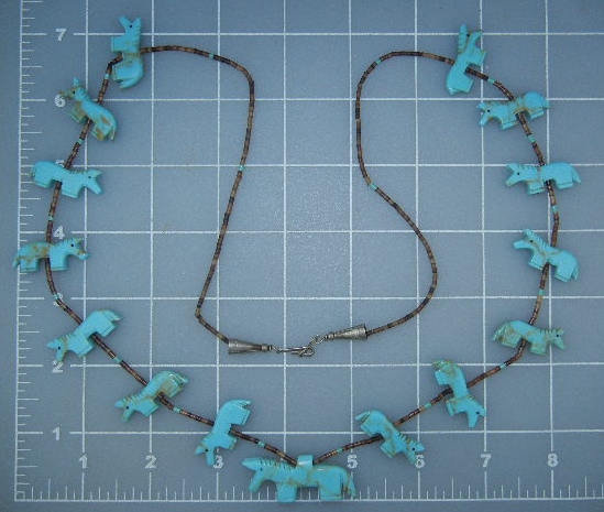 Native American Carved Turquoise Horses Fetish Necklace