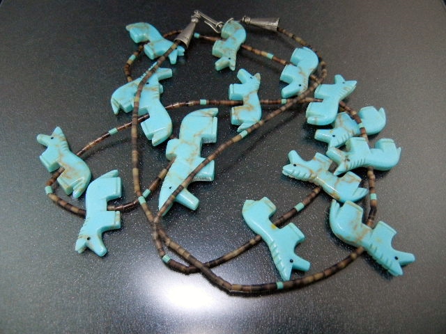 Native American Carved Turquoise Horses Fetish Necklace