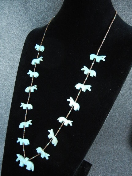 Native American Carved Turquoise Horses Fetish Necklace