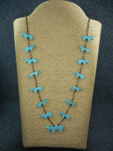 Native American Carved Turquoise Horses Fetish Necklace