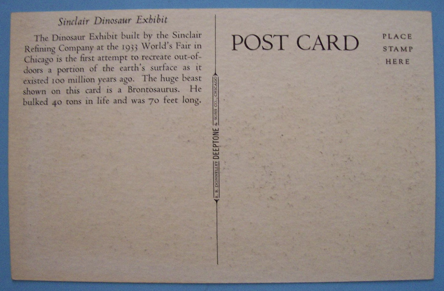 Postcard of Sinclair Dinosaur Exhibit (Chicago Fair)
