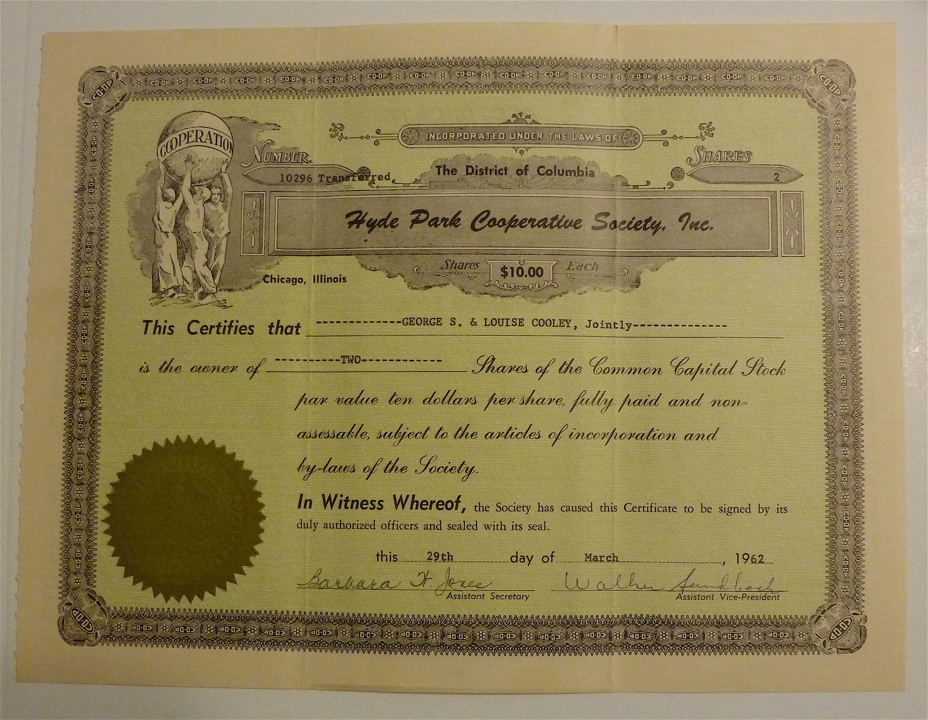 1962 Hyde Park Cooperative Society Stock Certificate