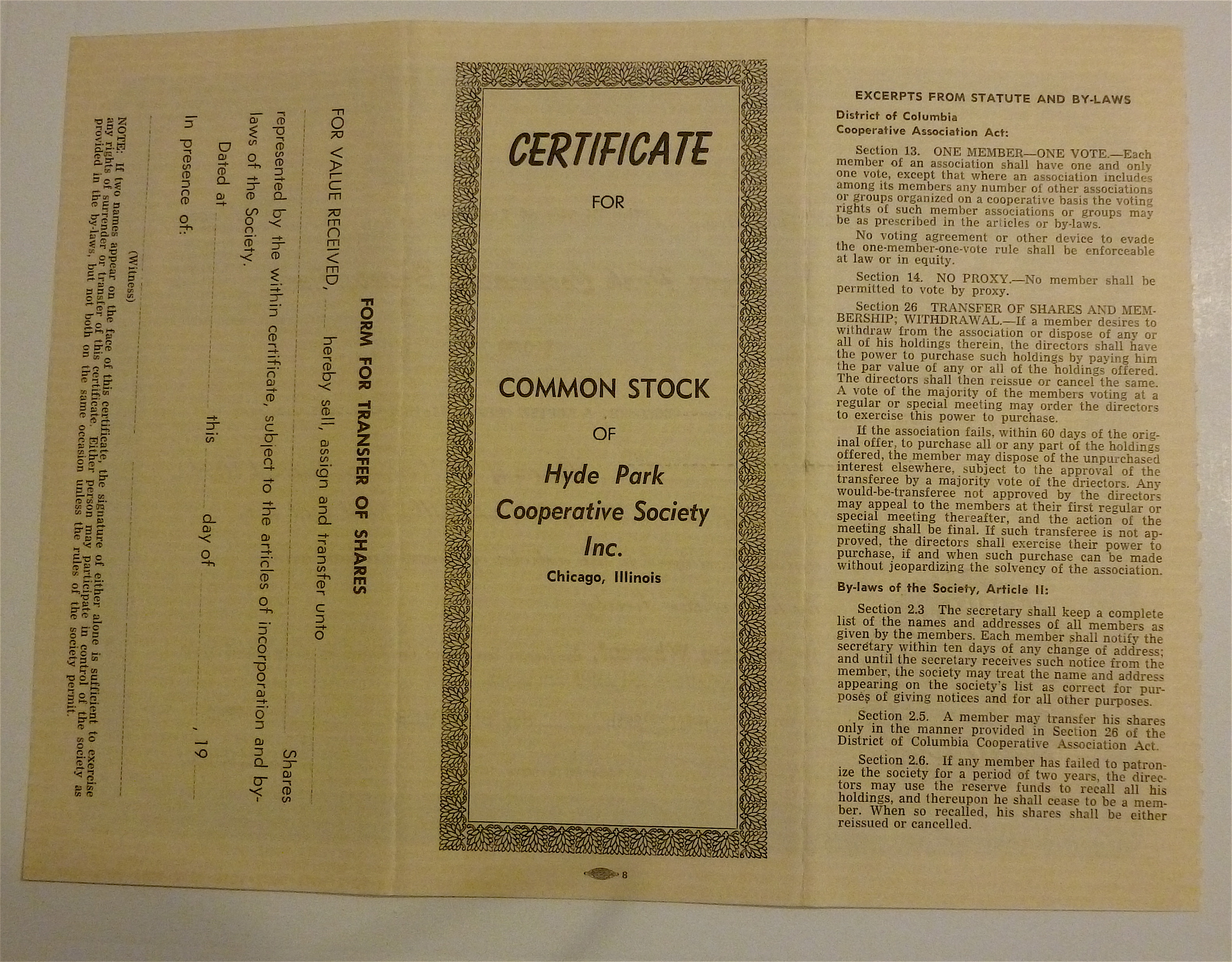 1962 Hyde Park Cooperative Society Stock Certificate