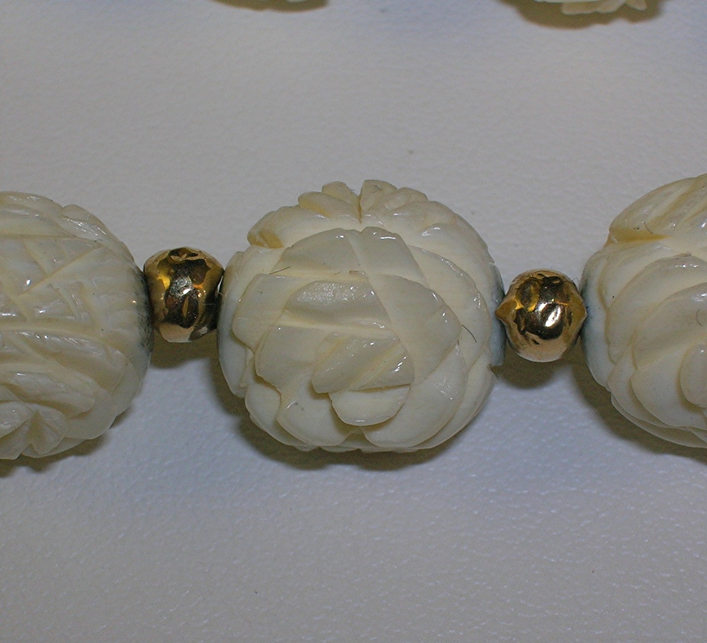 14K Gold Hand Carved Bone Ivory Flowers Necklace