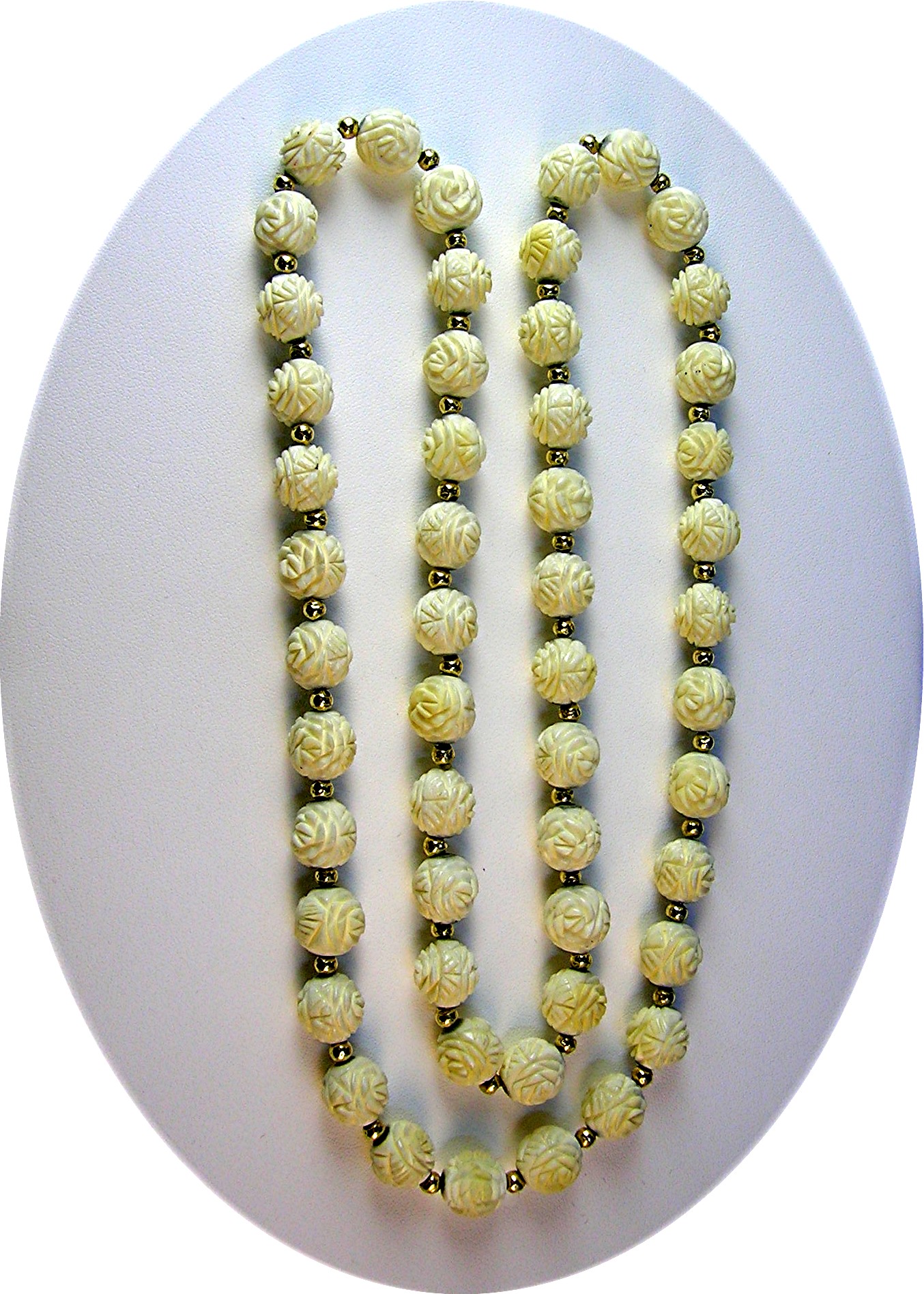 14K Gold Hand Carved Bone Ivory Flowers Necklace