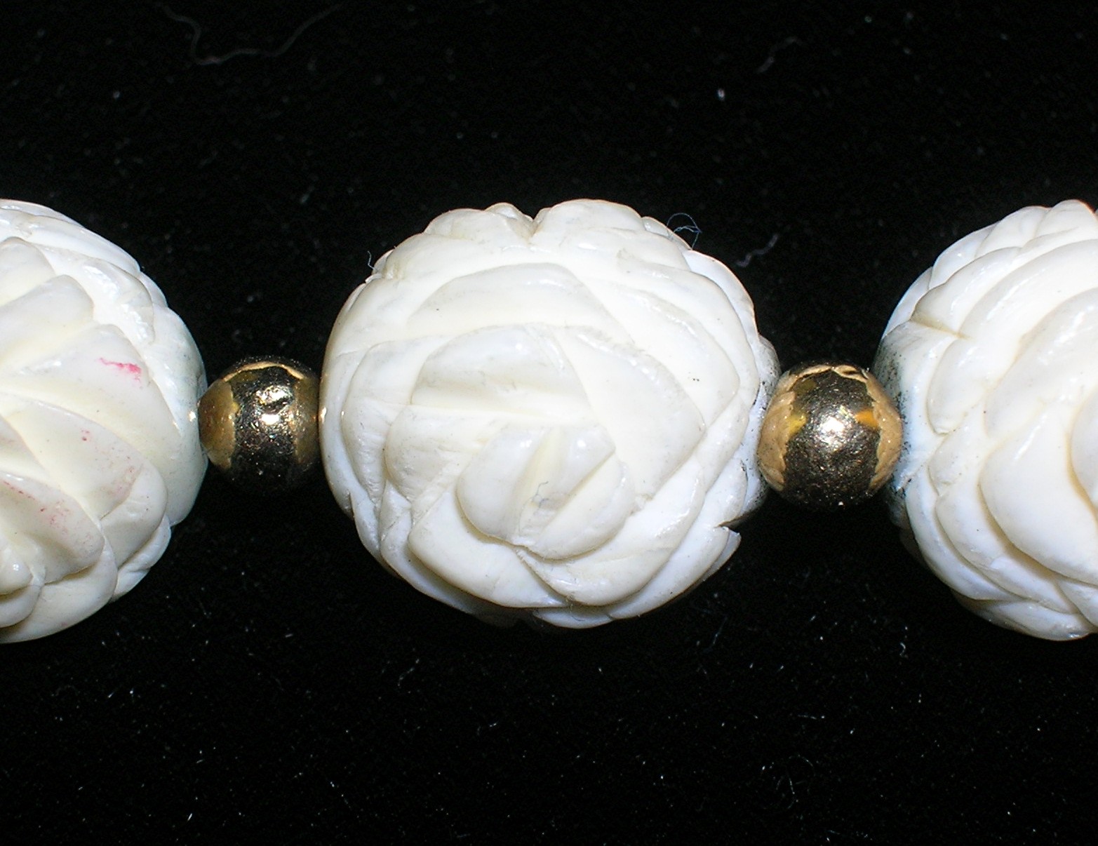14K Gold Hand Carved Bone Ivory Flowers Necklace