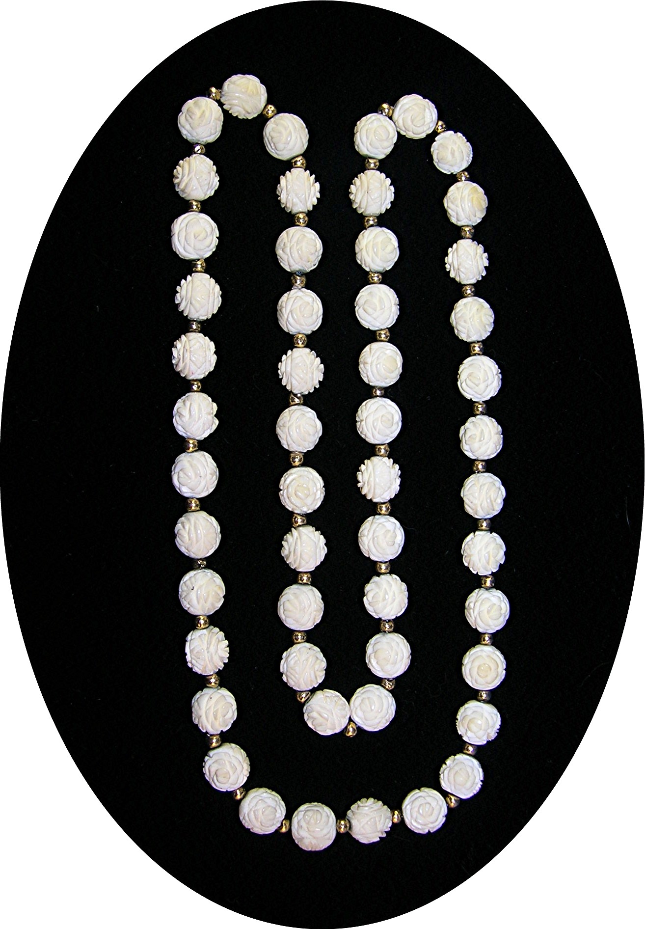 14K Gold Hand Carved Bone Ivory Flowers Necklace