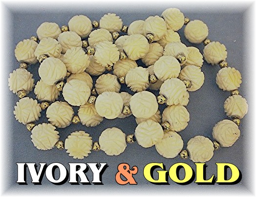 14K Gold Hand Carved Bone Ivory Flowers Necklace