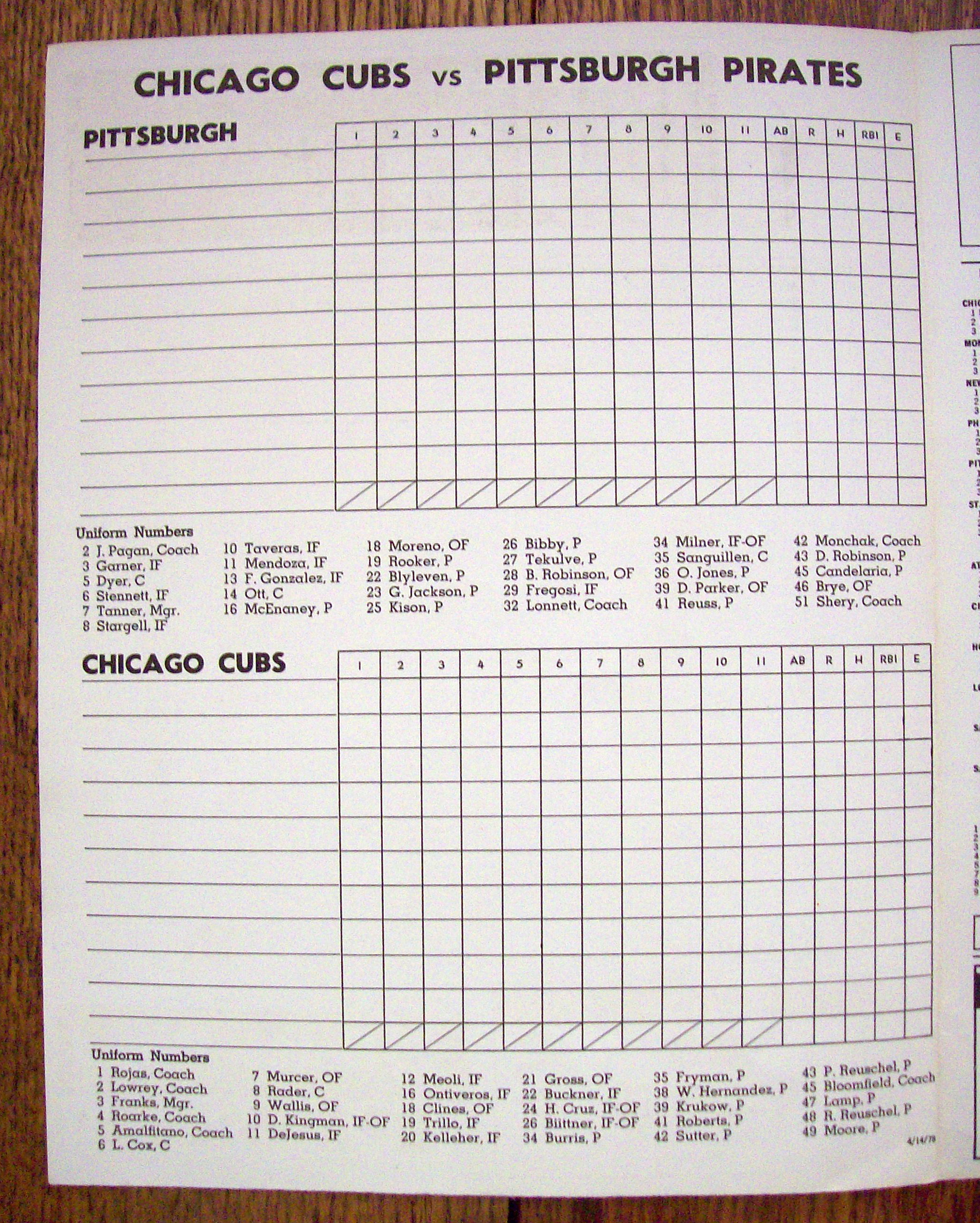 Chicago Cubs Official Program 1978 Pittsburgh Pirates