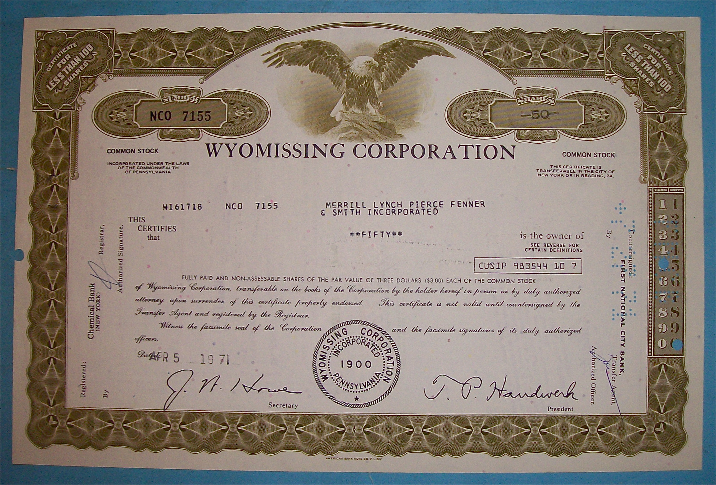 1971 Wyomissing Corporation Stock Certificate