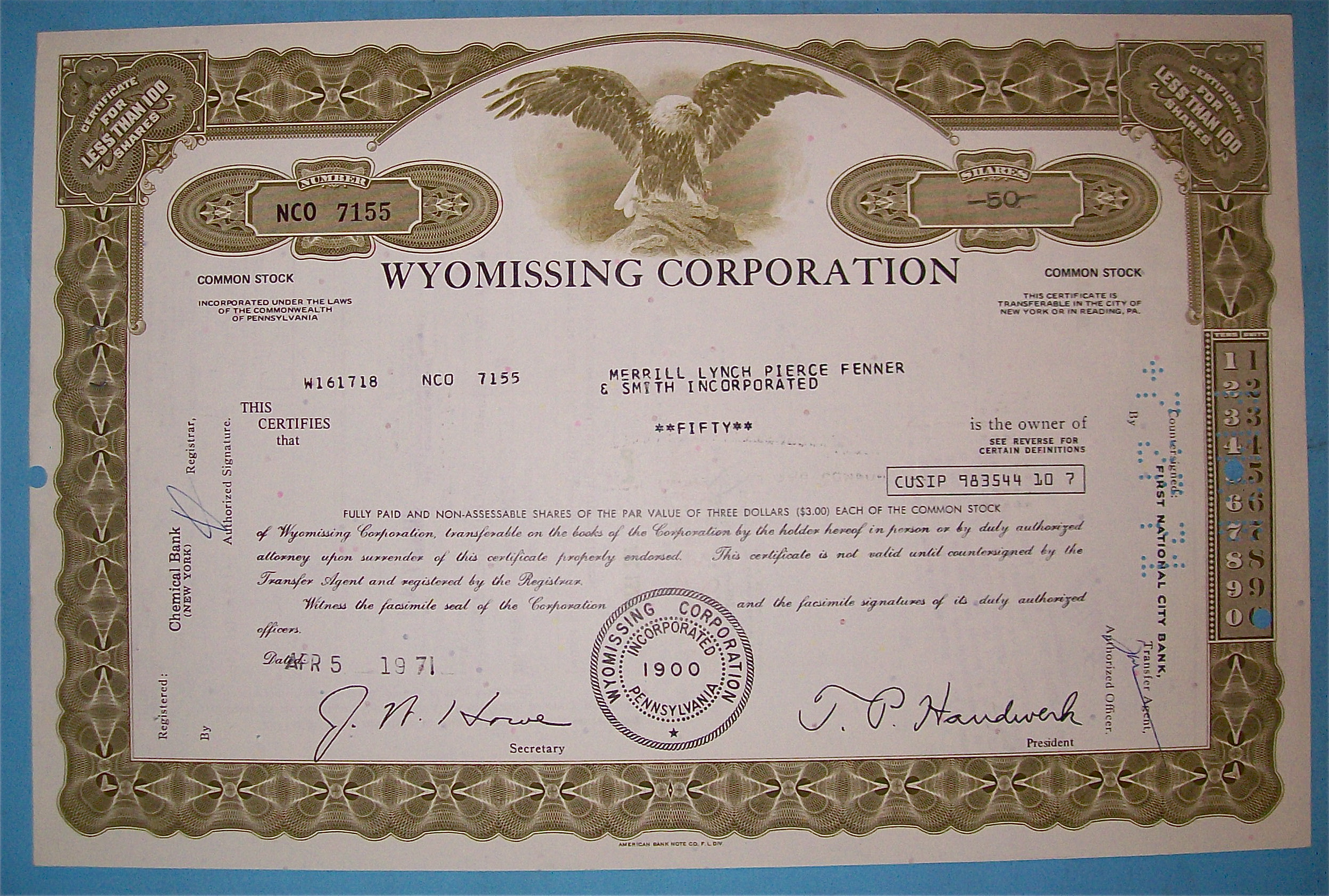 1971 Wyomissing Corporation Stock Certificate