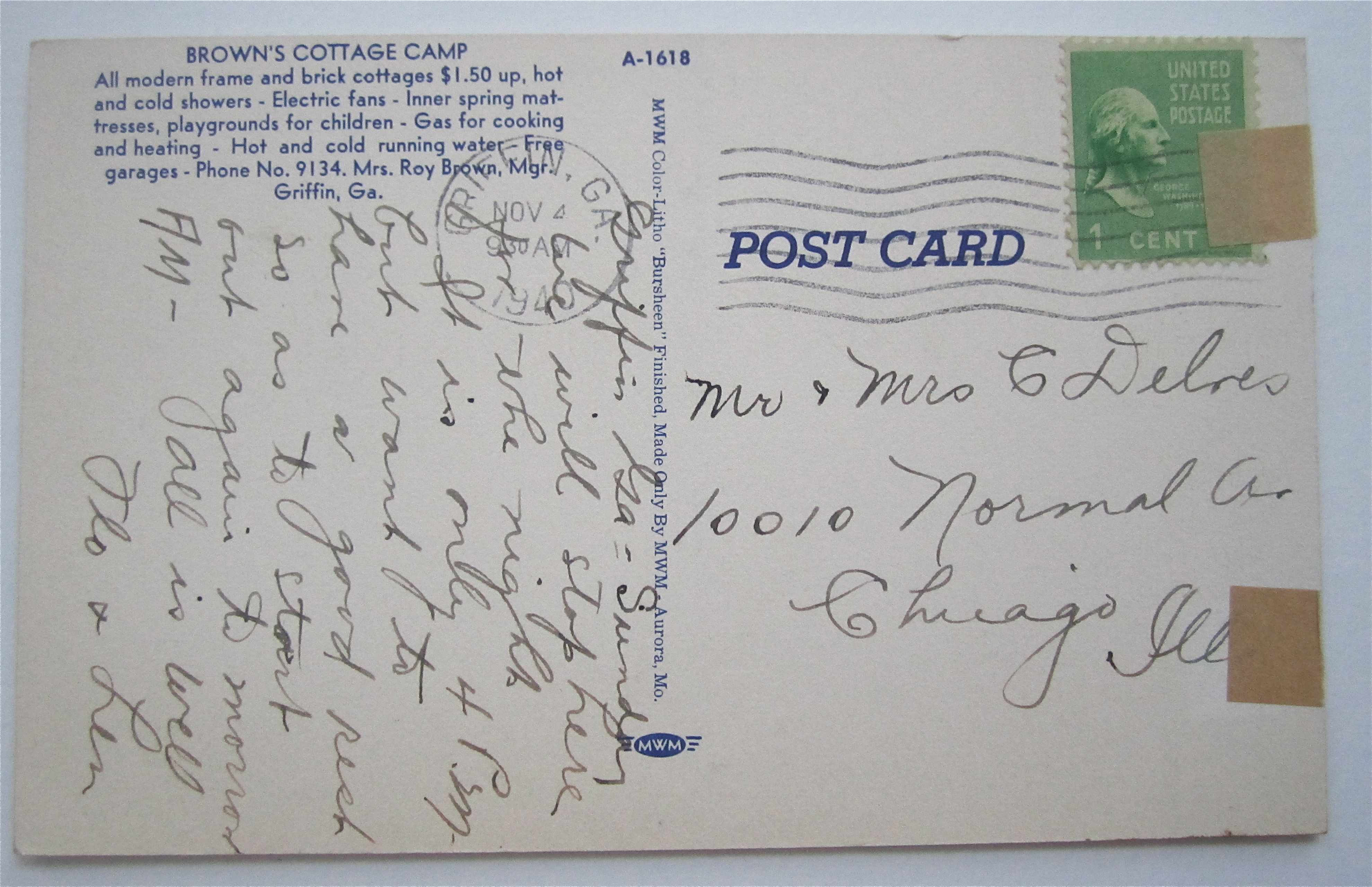 Brown's Tourist Camp, Griffin, GA Postcard