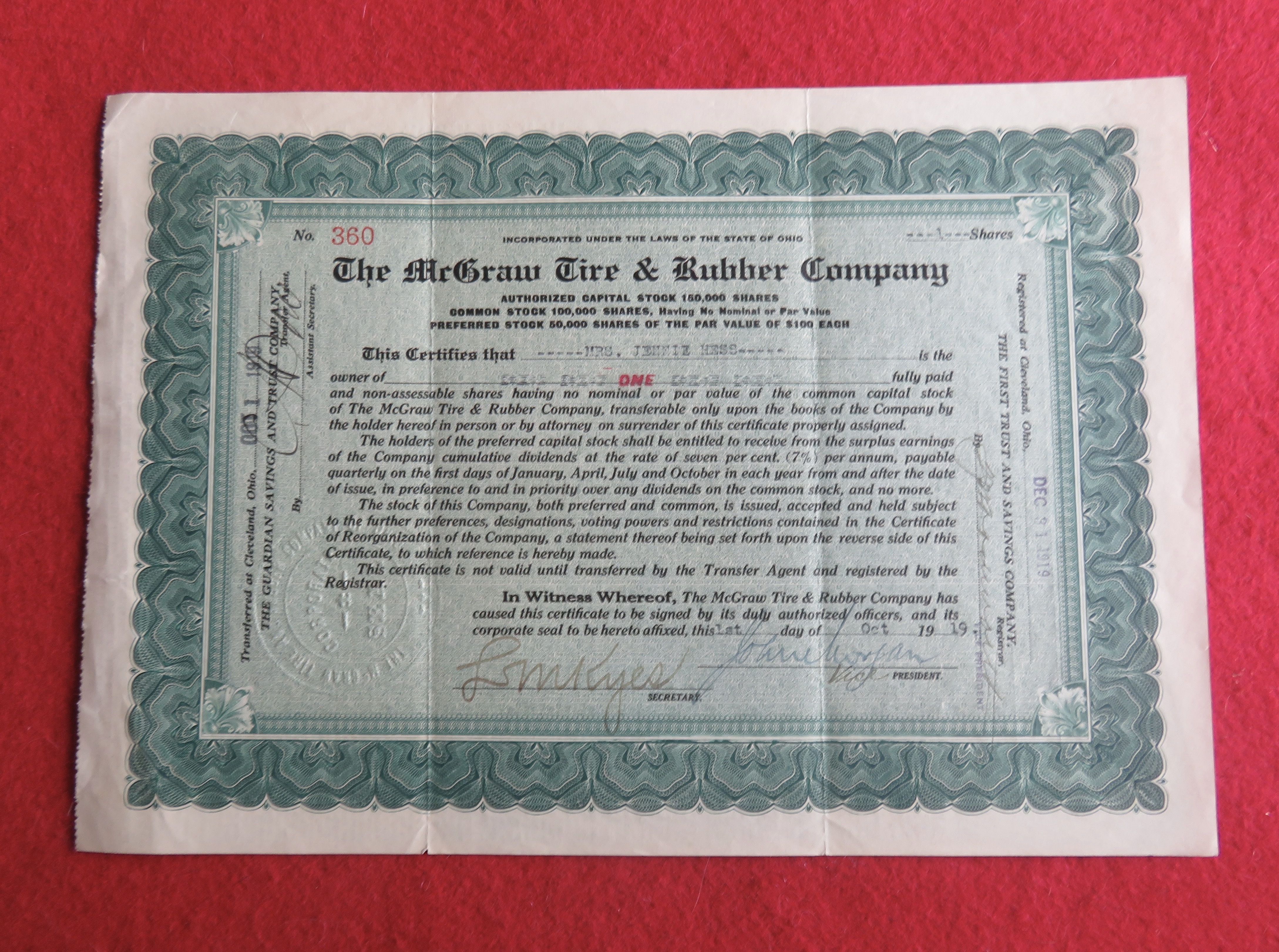 1919 The McGraw Tire & Rubber Company Stock Certificate