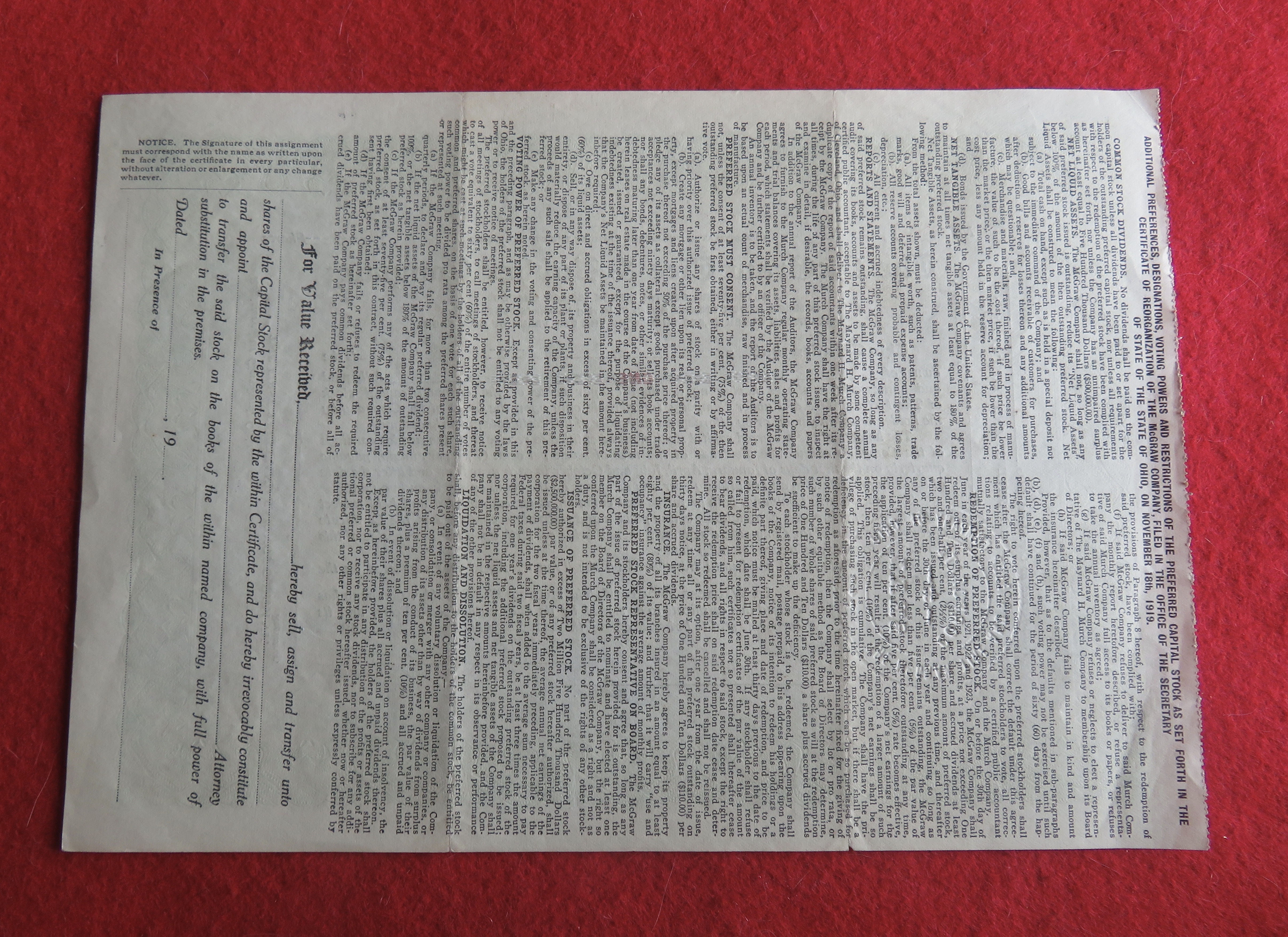 1919 The McGraw Tire & Rubber Company Stock Certificate