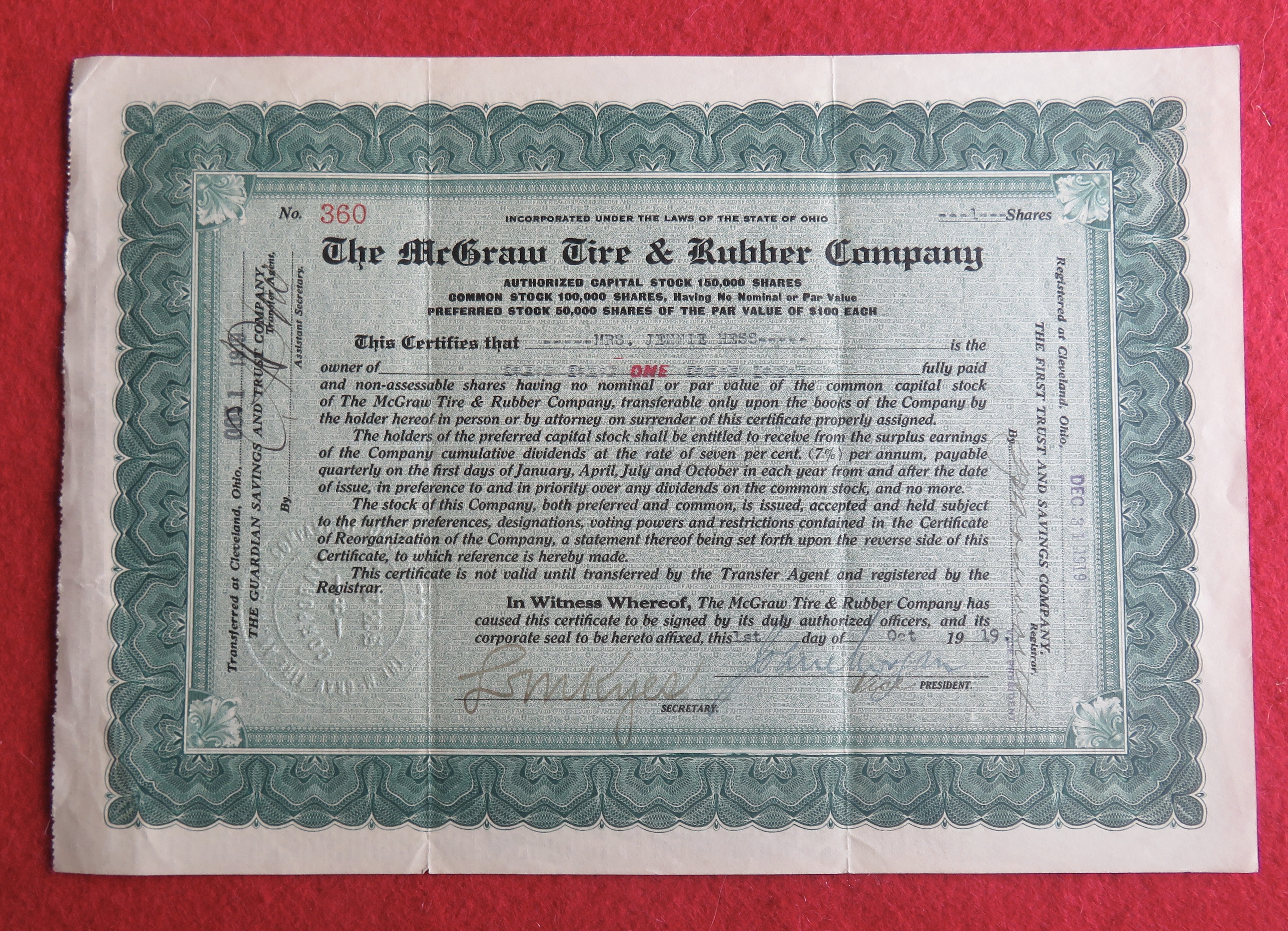 1919 The McGraw Tire & Rubber Company Stock Certificate