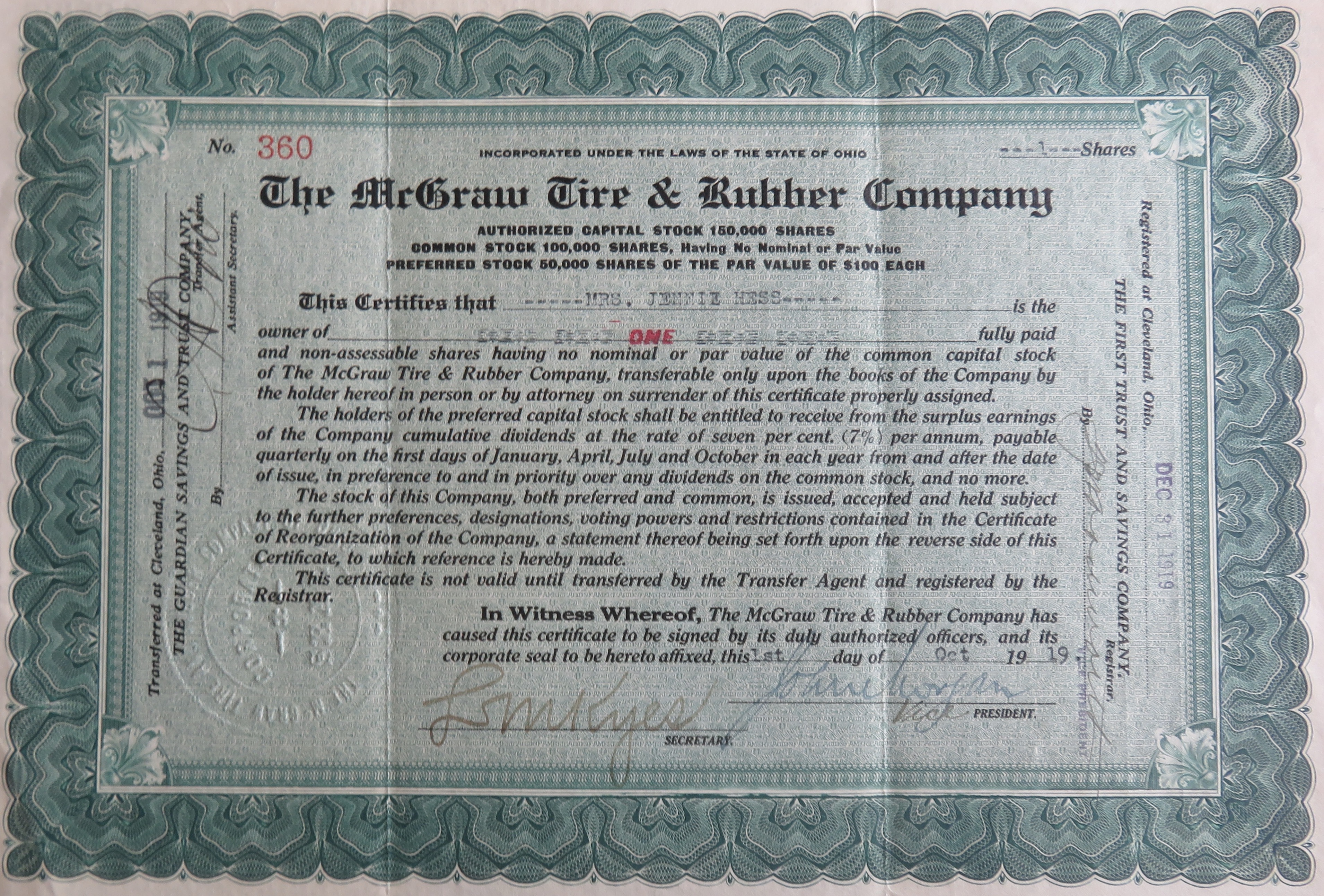 1919 The McGraw Tire & Rubber Company Stock Certificate