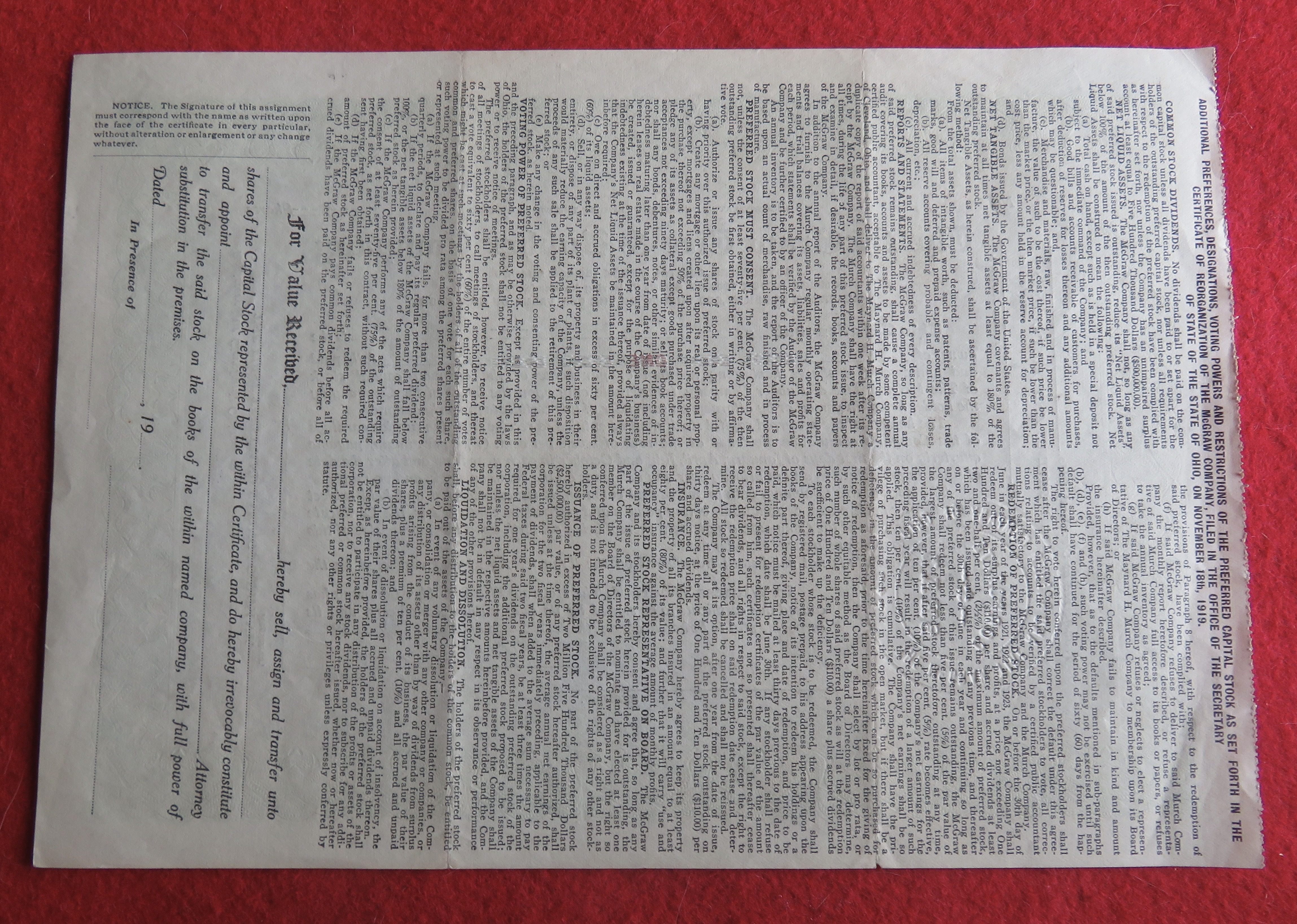 1919 The McGraw Tire & Rubber Company Stock Certificate