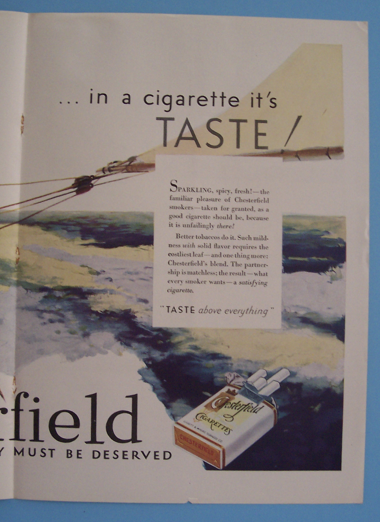 1930 Chesterfield Cigarettes w/Woman & Men Sailing