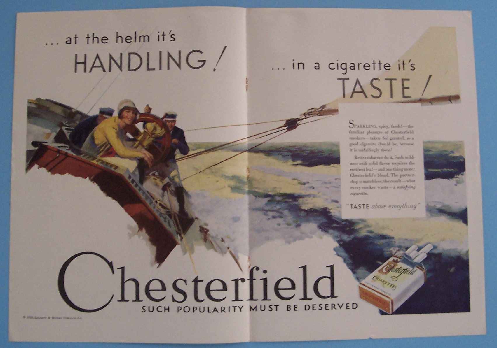 1930 Chesterfield Cigarettes w/Woman & Men Sailing