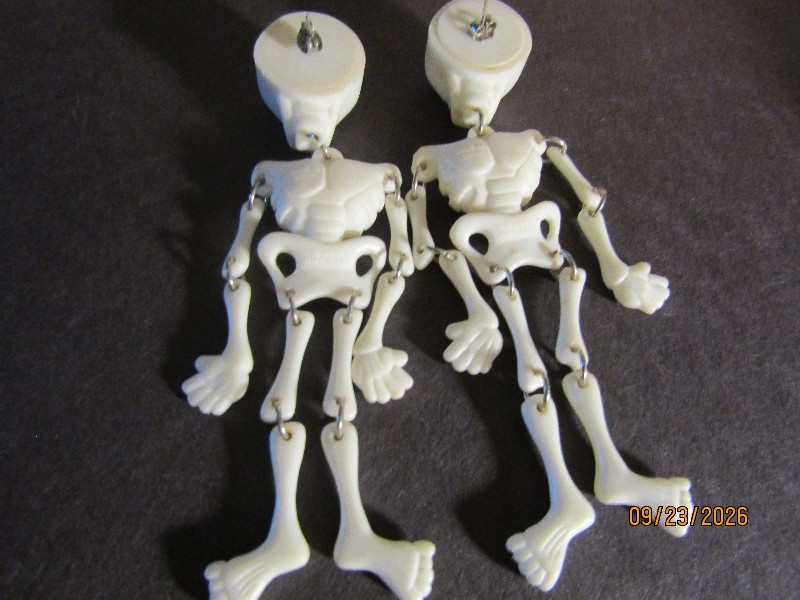 Vintage Bendy Bones Skeleton Dangle Post Earrings Halloween Novelty Jewelry
