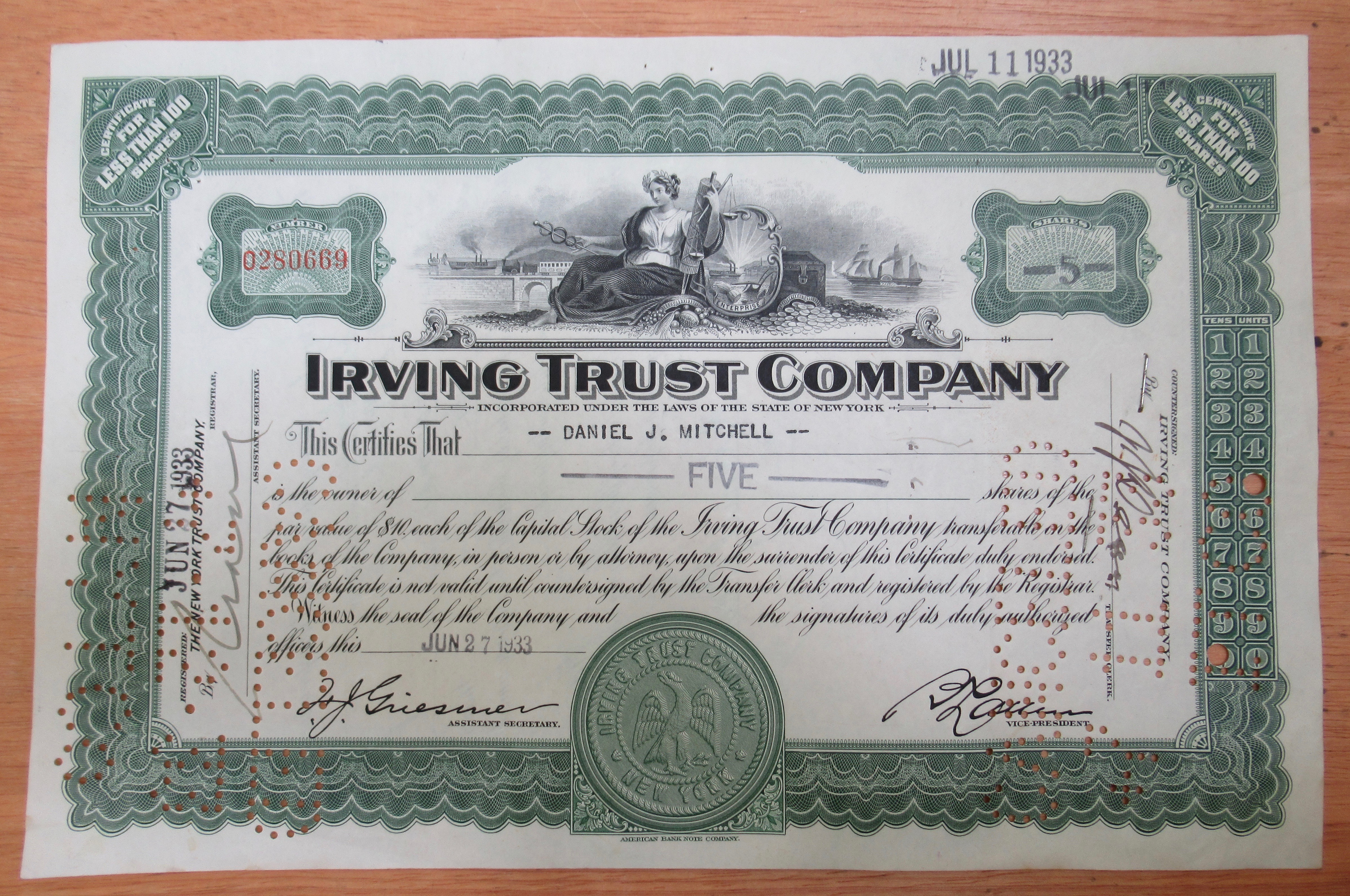 1933 Irving Trust Co Pre Bank Stock Certificate
