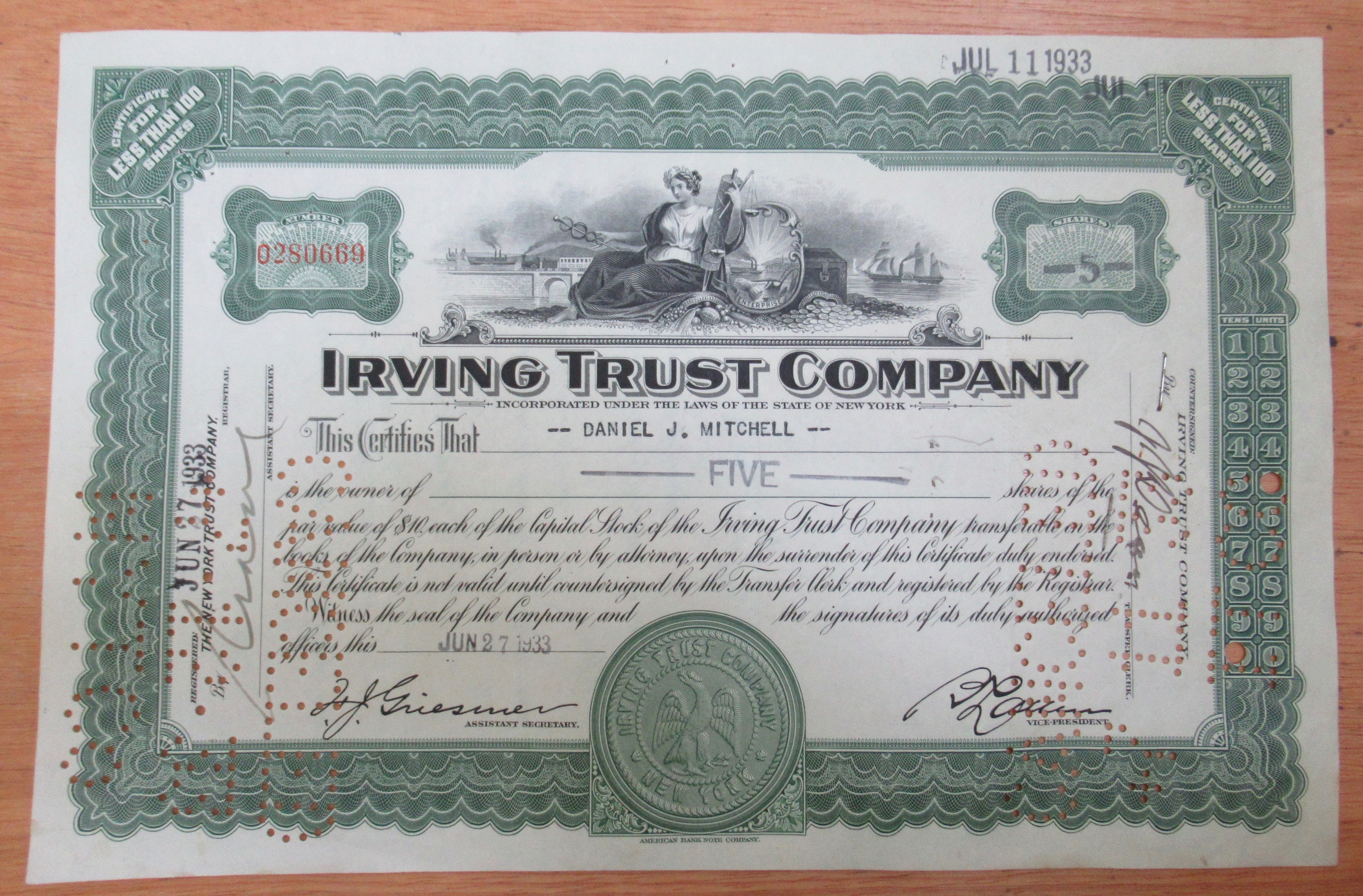 1933 Irving Trust Co Pre Bank Stock Certificate