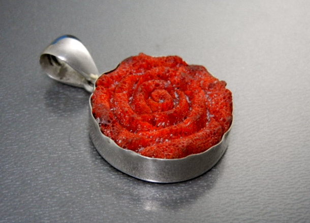 Charles Albert Carved Coral Sterling Silver Pendant