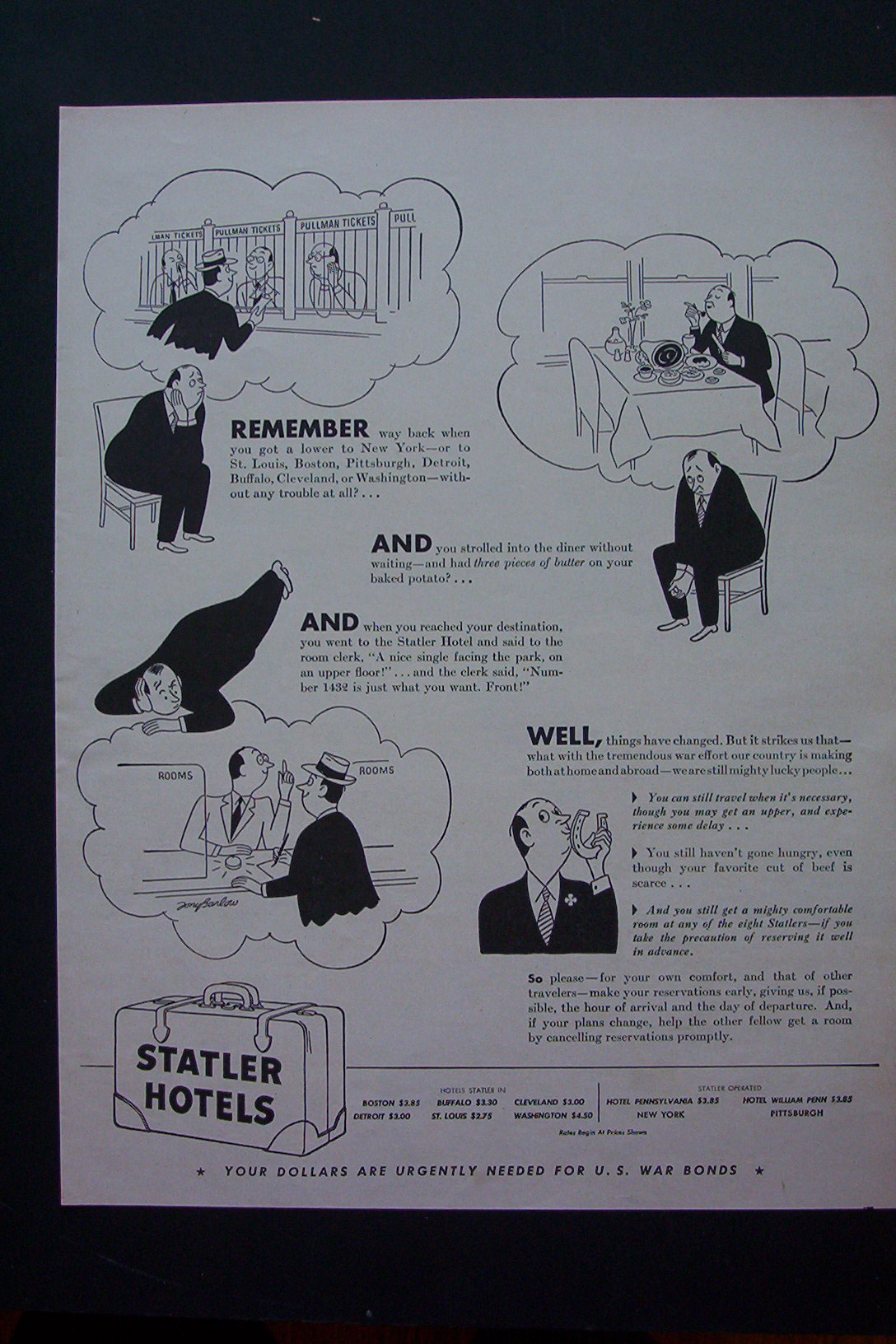 1943 Statler Hotels w/ a Man in 3 Different Situations