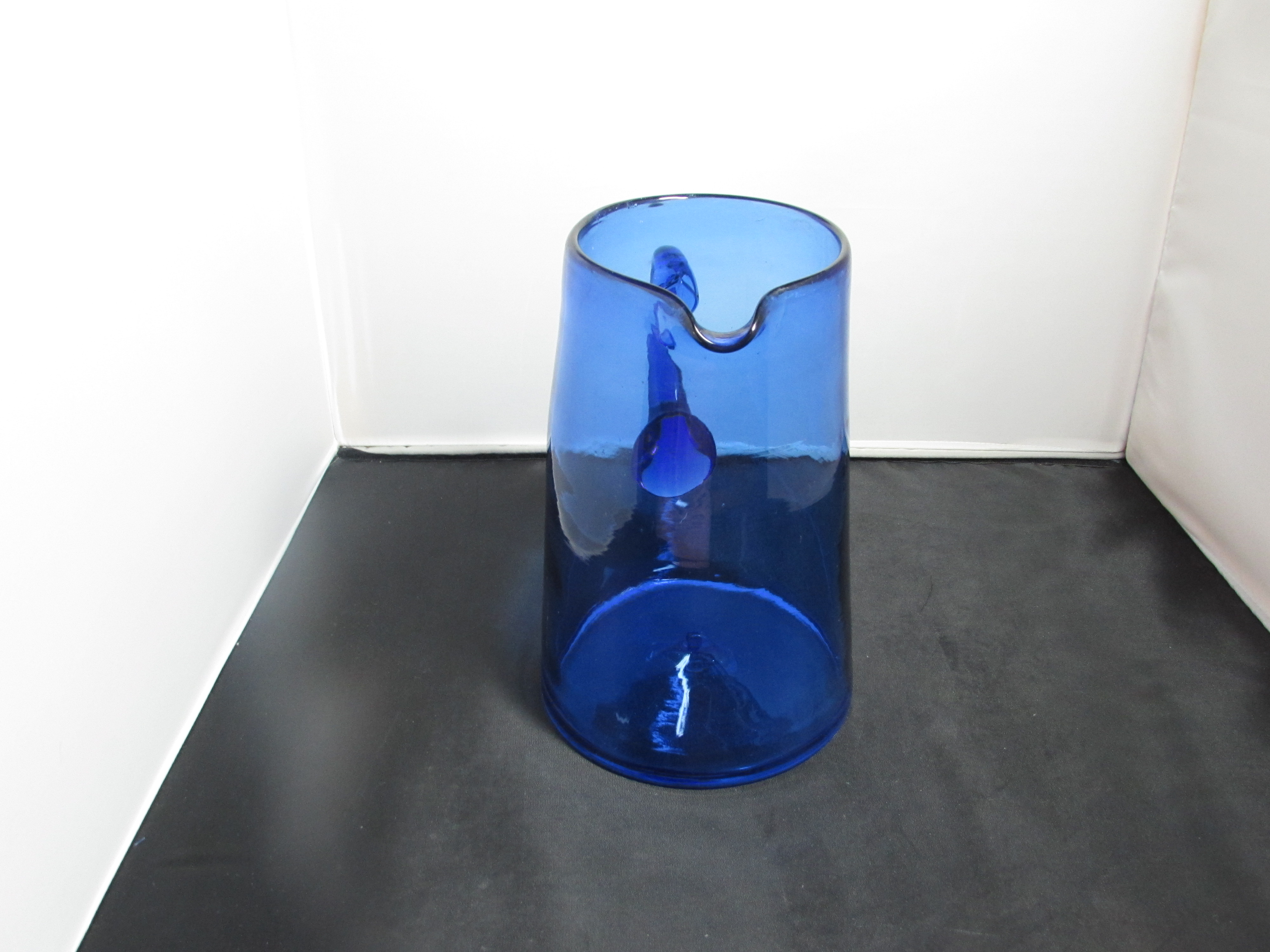 Cobalt Blue Pitcher Blown Glass Applied Handle 8.5 inch
