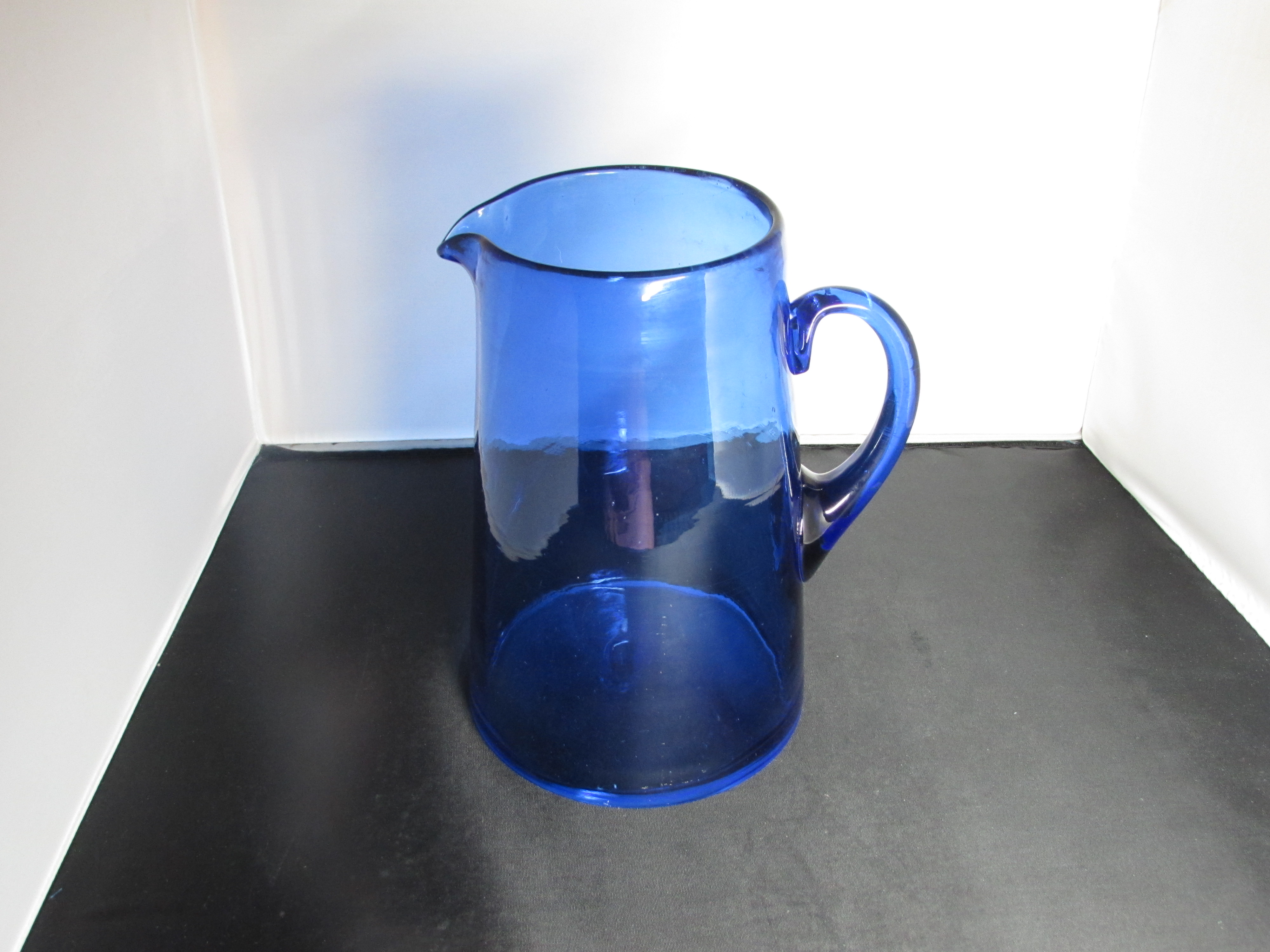 Cobalt Blue Pitcher Blown Glass Applied Handle 8.5 inch