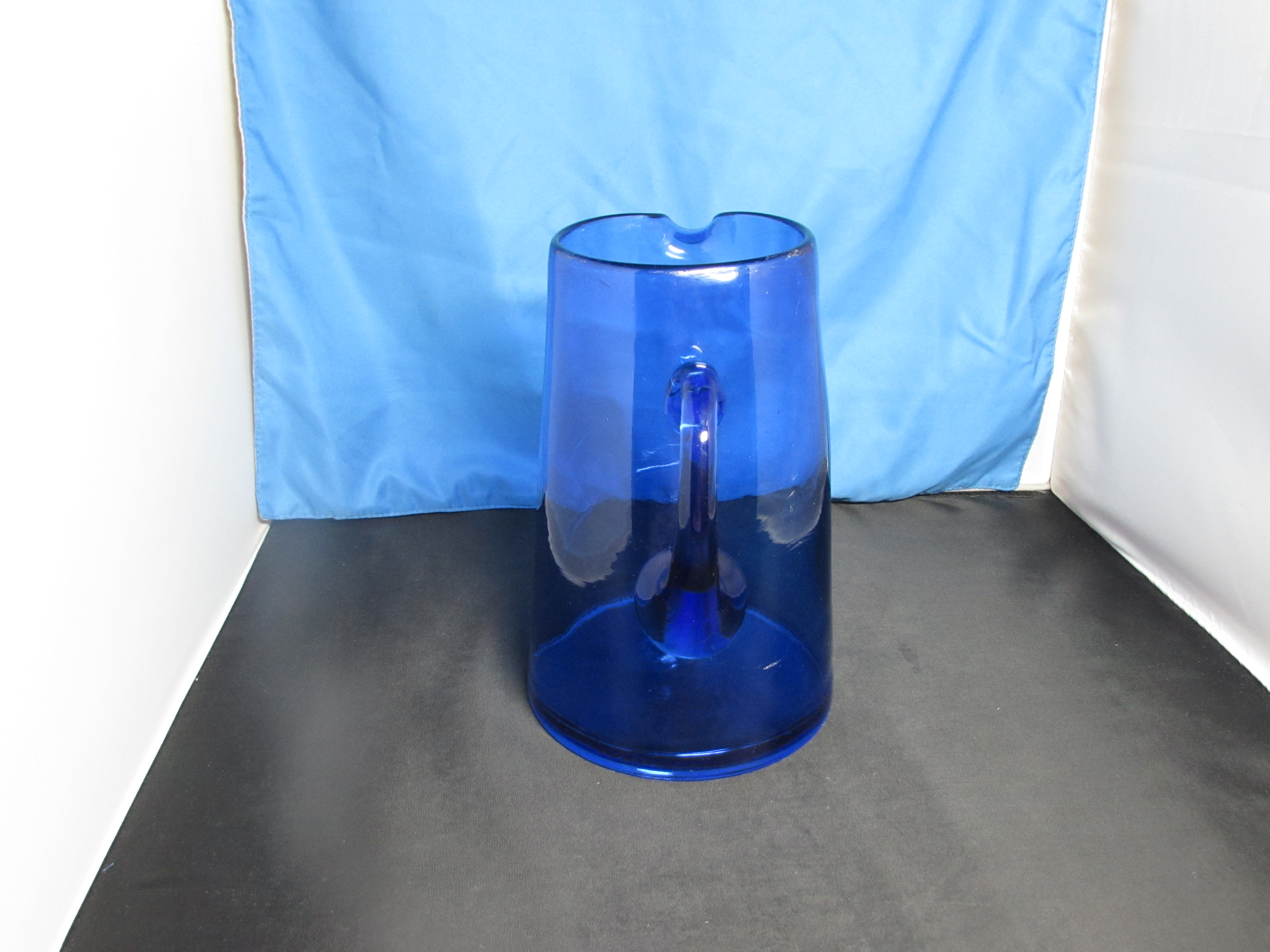 Cobalt Blue Pitcher Blown Glass Applied Handle 8.5 inch