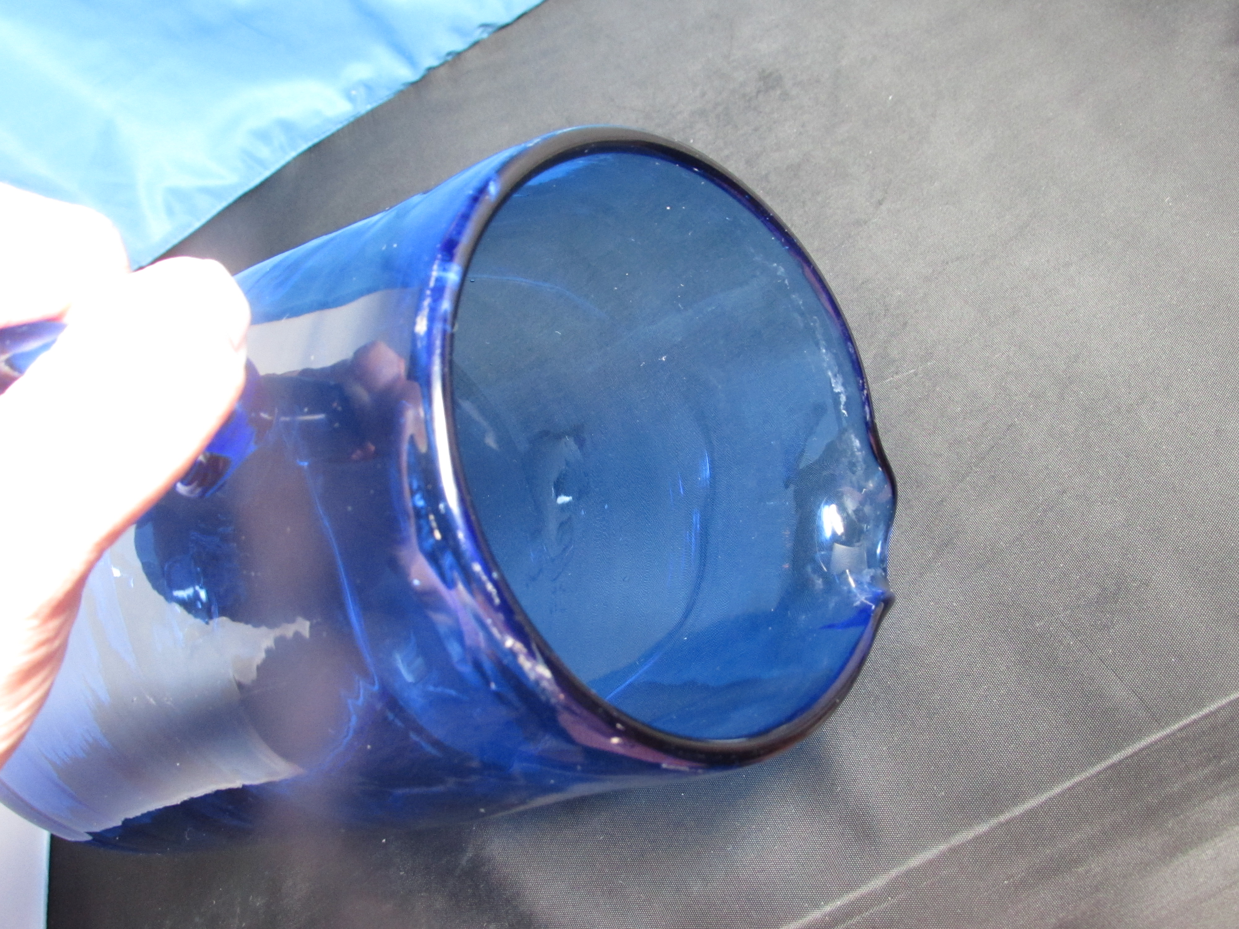 Cobalt Blue Pitcher Blown Glass Applied Handle 8.5 inch